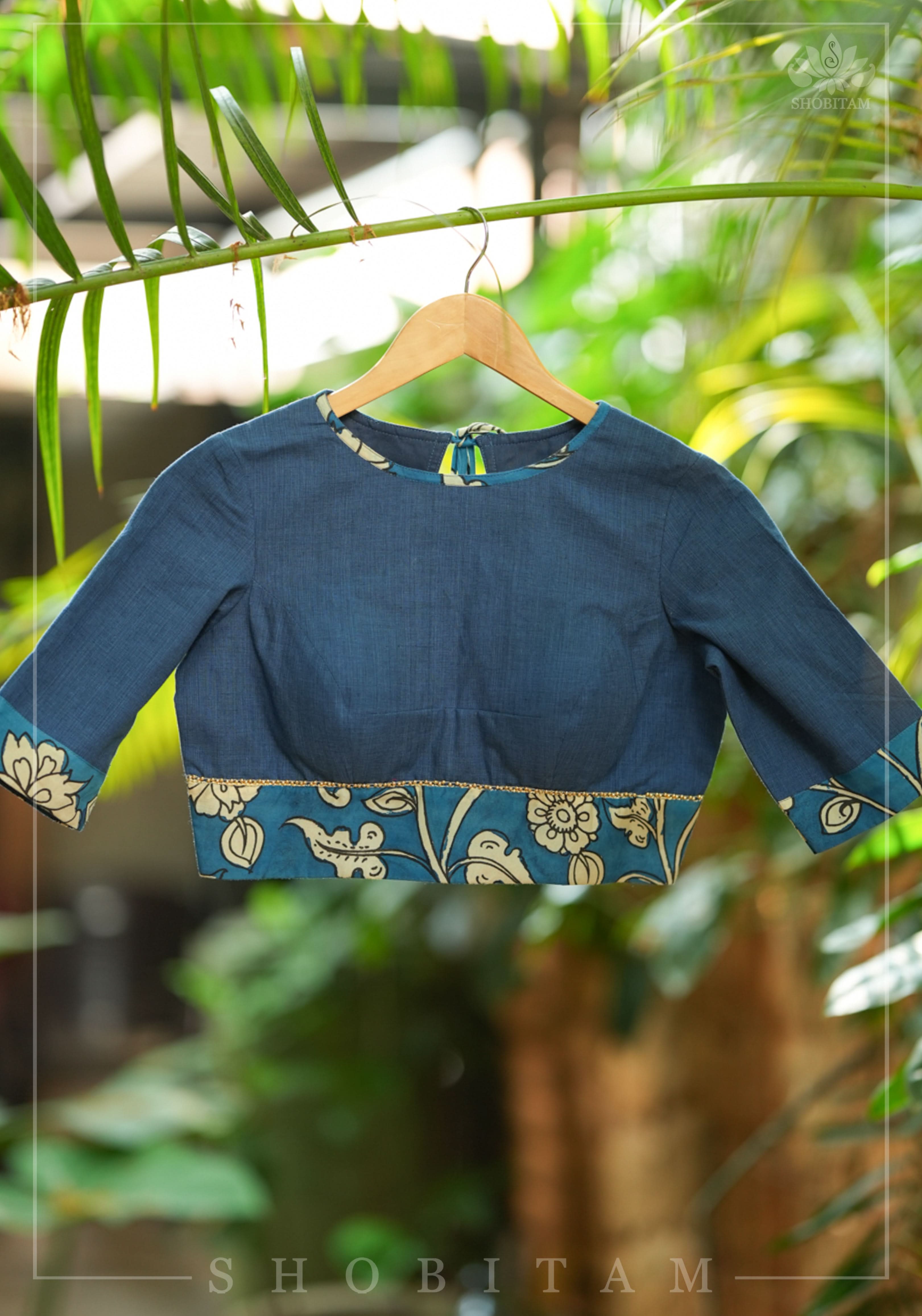 Saphire blue closed neck handloom blouse with handpainted kalamkari border | Shobitam