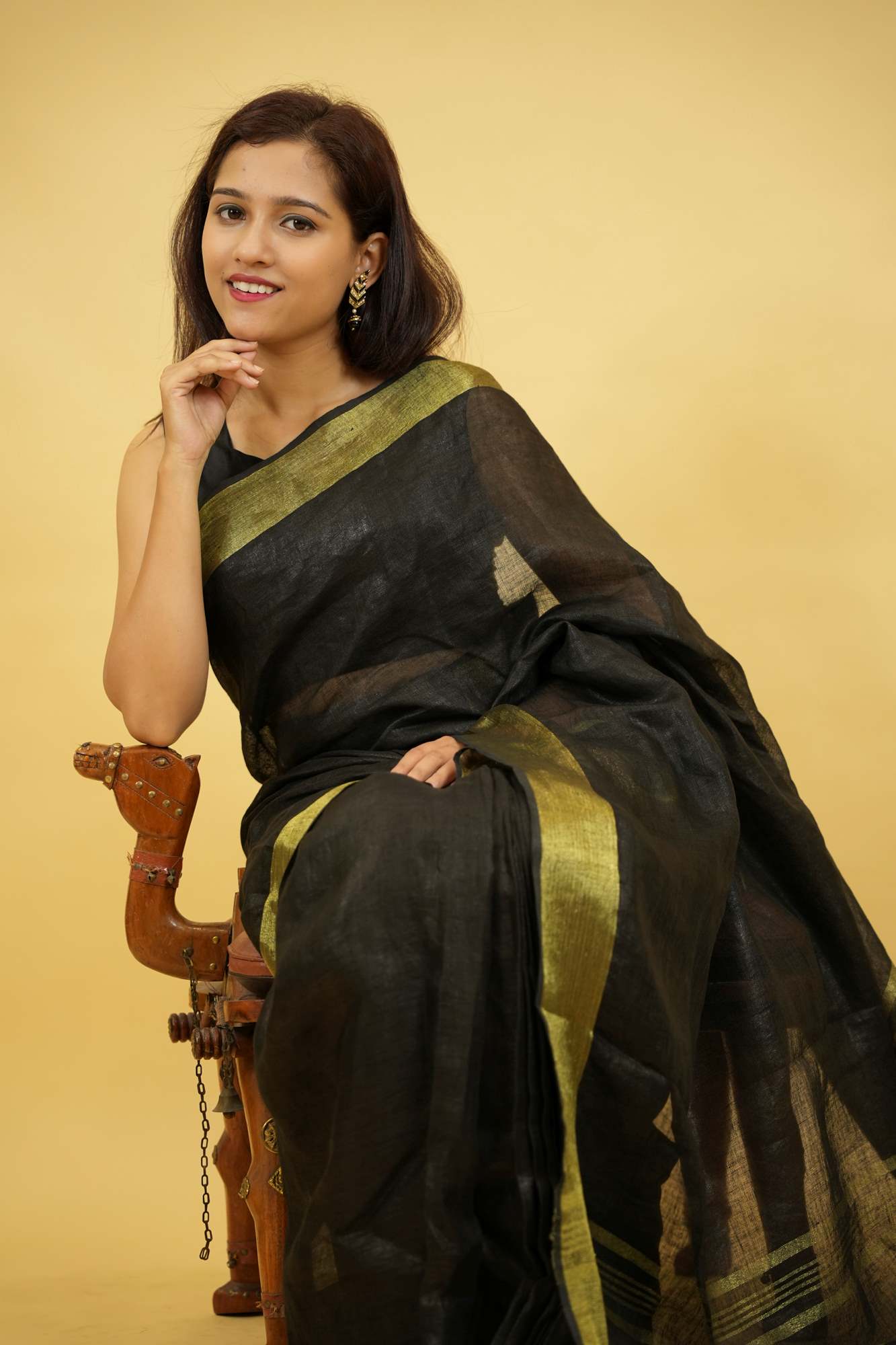 Pure Linen With Golden Zari Border Ready To Wear Saree