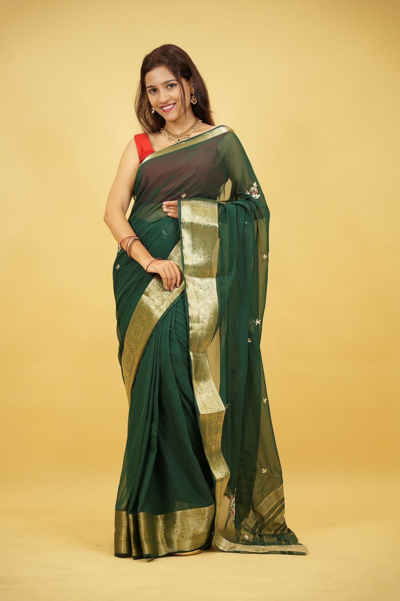Georgette Silk with Zari Border & Gota Patti Ready To Wear Saree