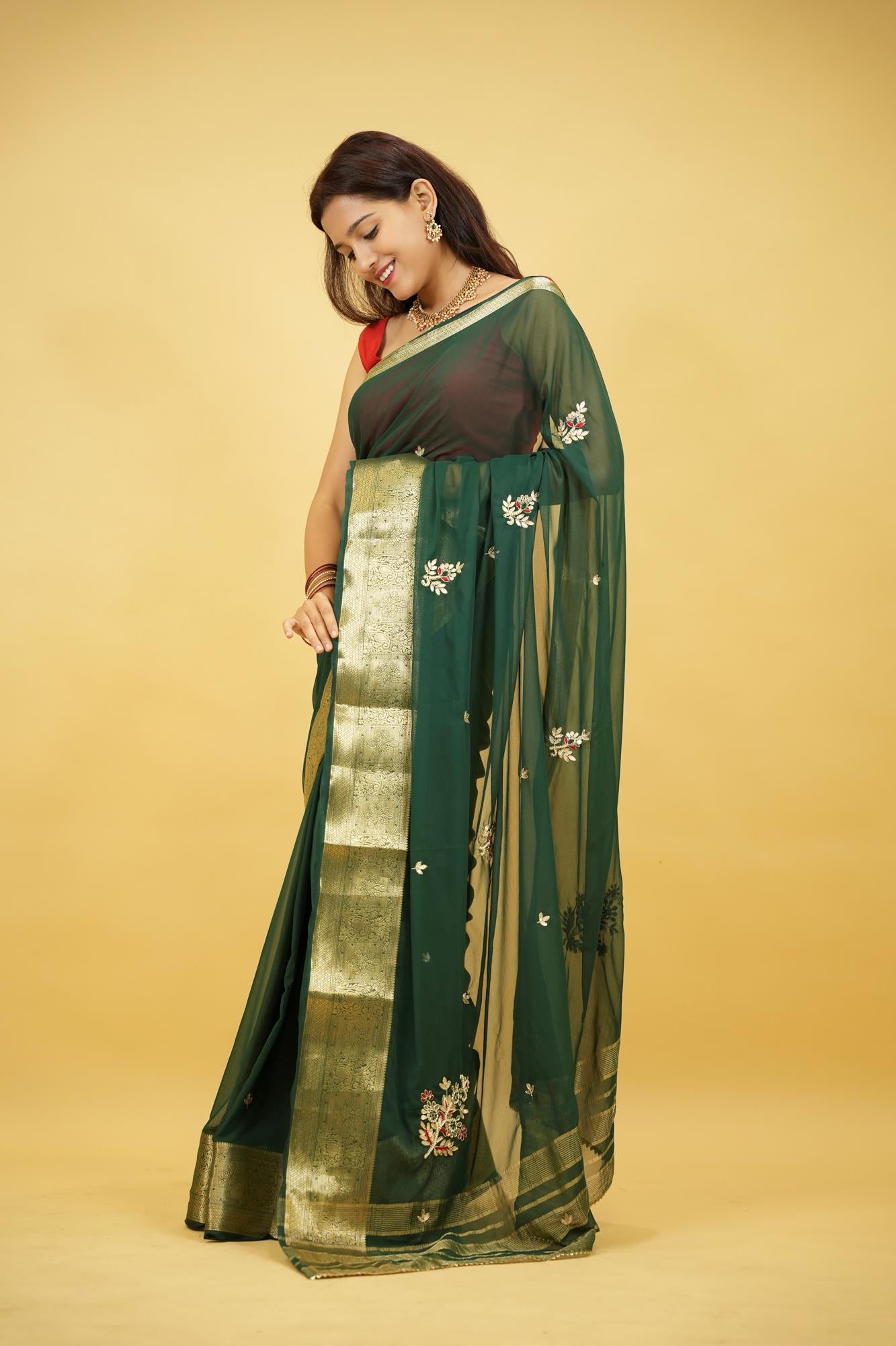 Georgette Silk with Zari Border & Gota Patti Ready To Wear Saree
