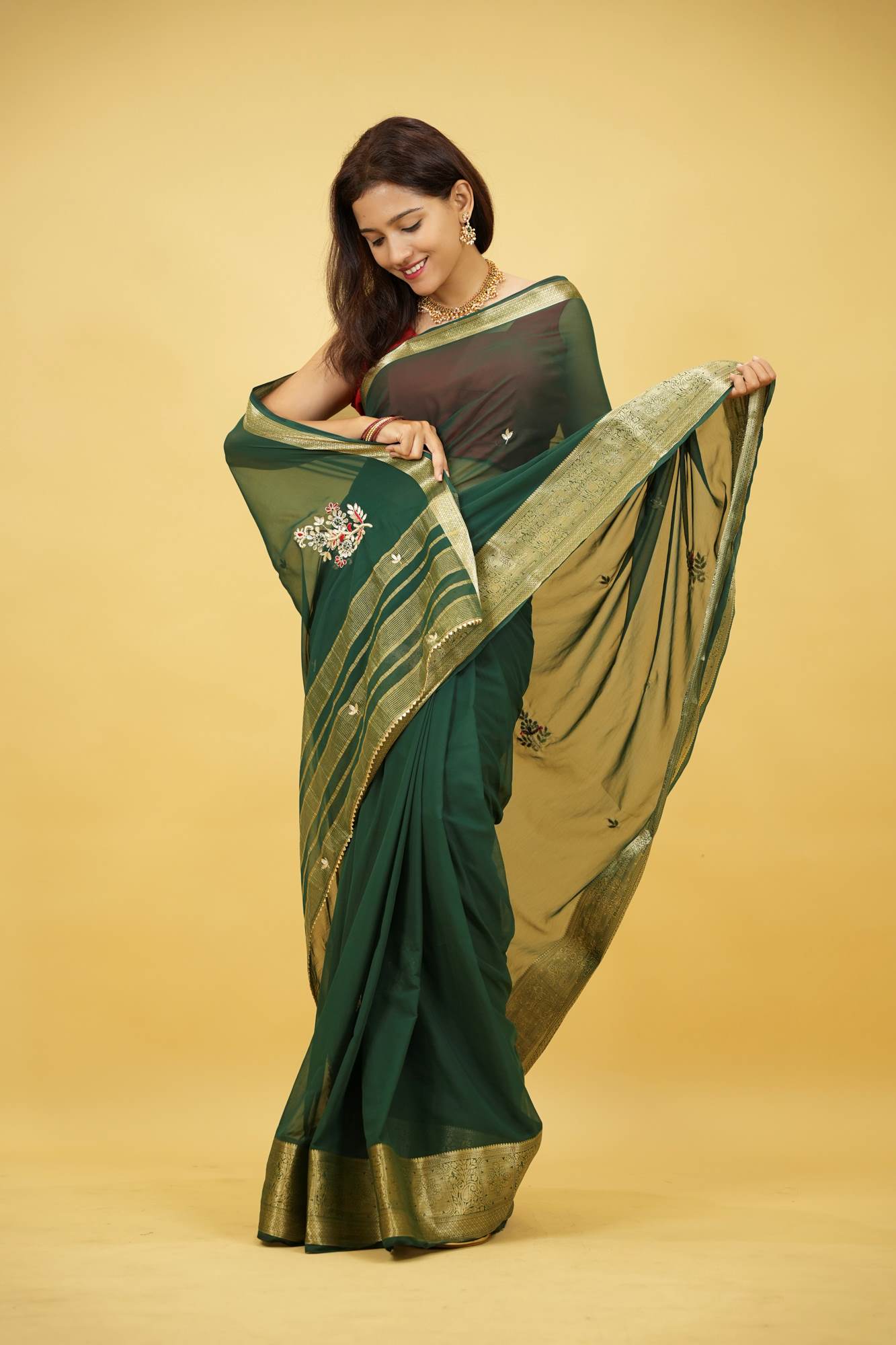 Georgette Silk with Zari Border & Gota Patti Ready To Wear Saree