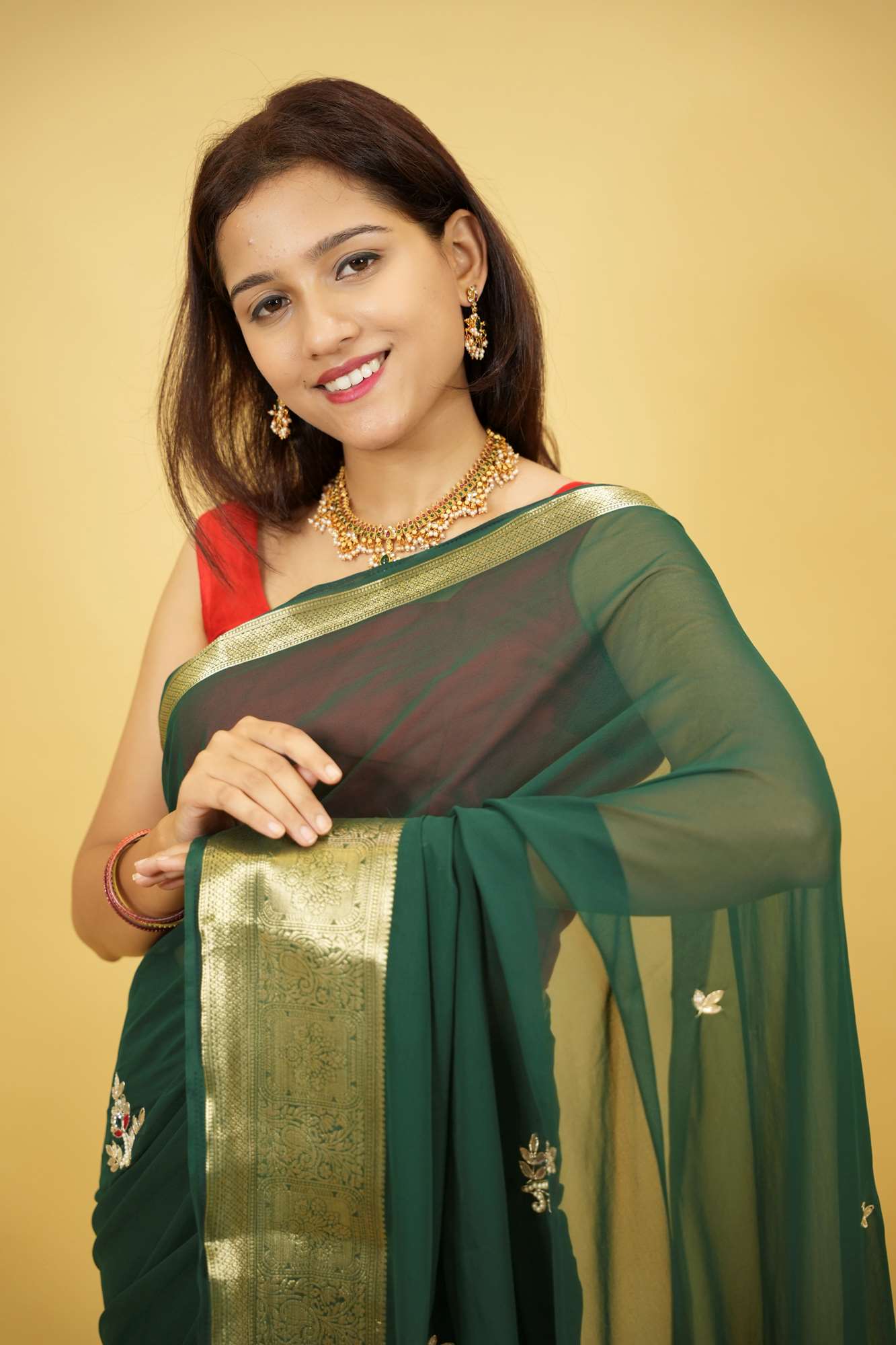 Georgette Silk with Zari Border & Gota Patti Ready To Wear Saree