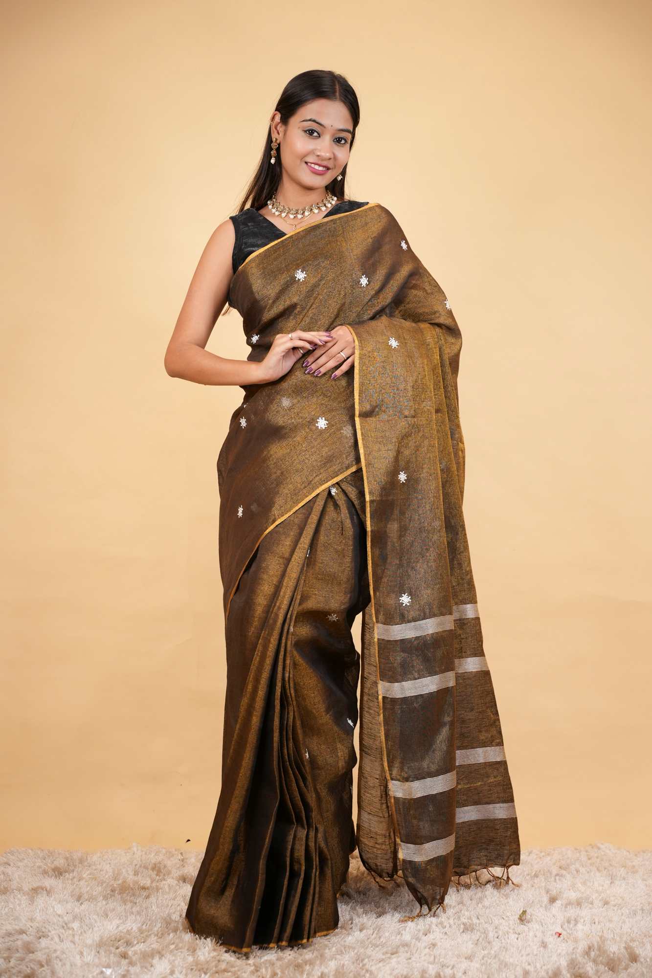 Zari Linen With White Floral Dots Embroidered Ready To Wear Saree