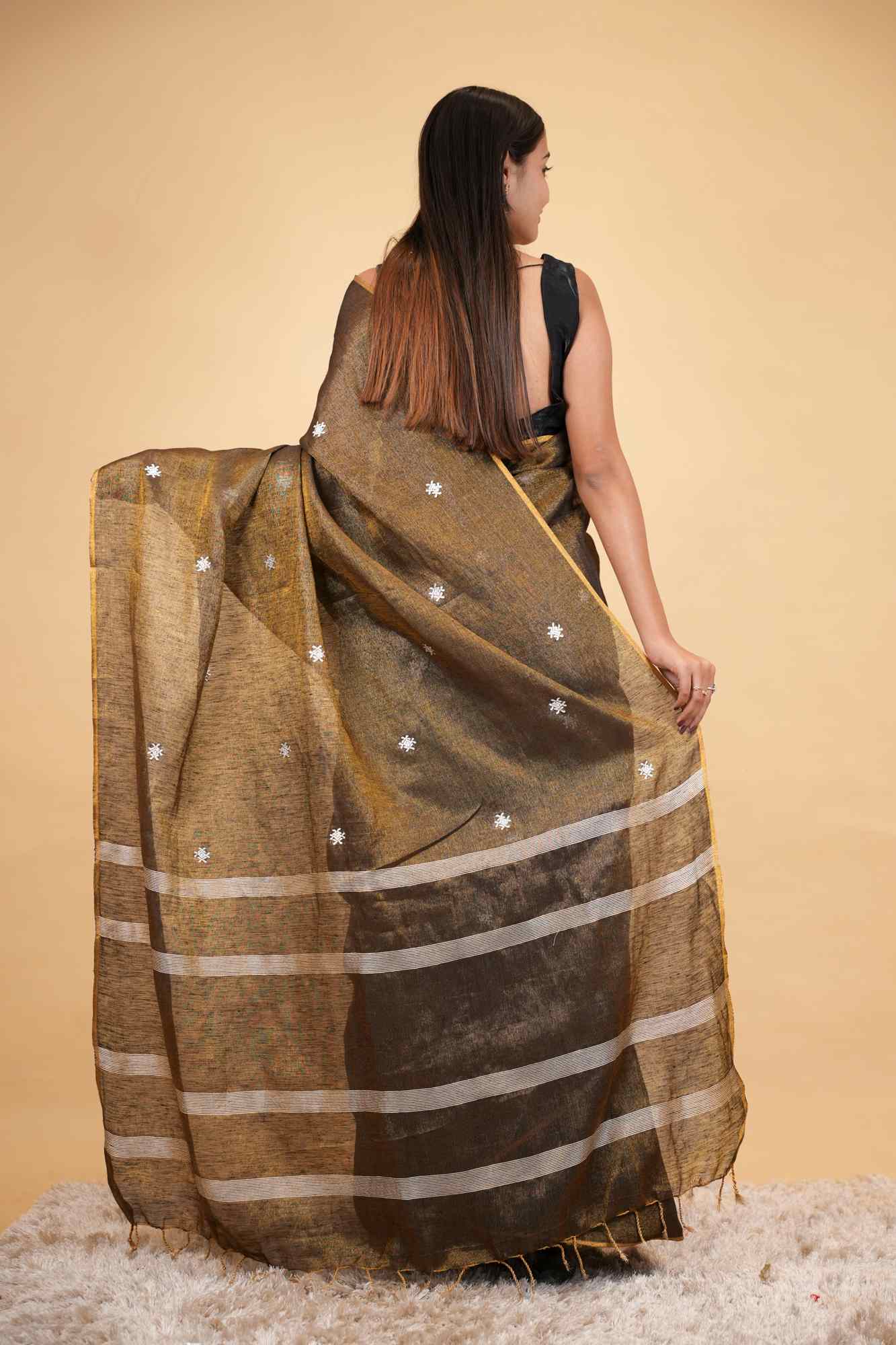 Zari Linen With White Floral Dots Embroidered Ready To Wear Saree