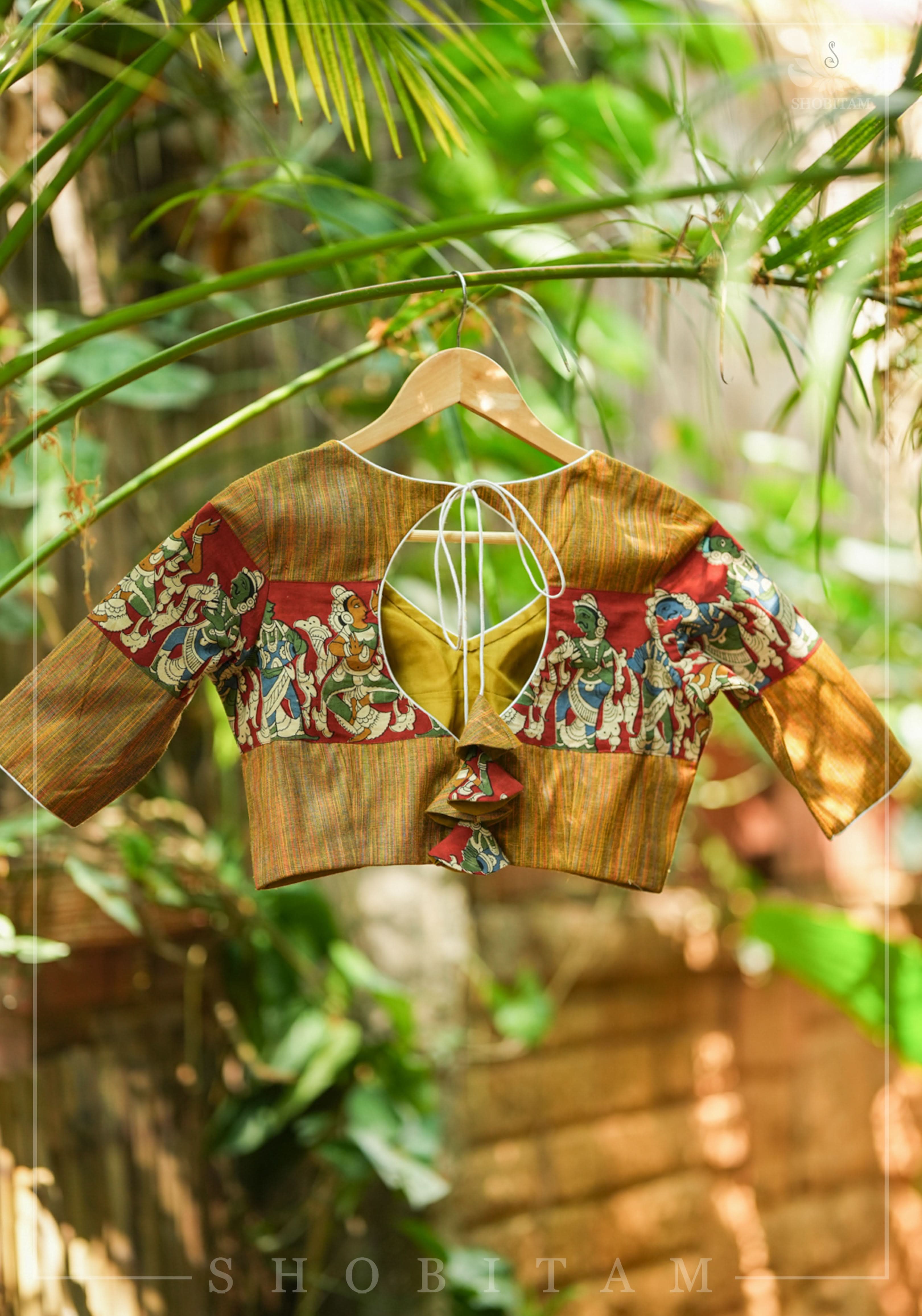 Honey brown handloom cotton V neck blouse with handpainted kalamkari band | Shobitam