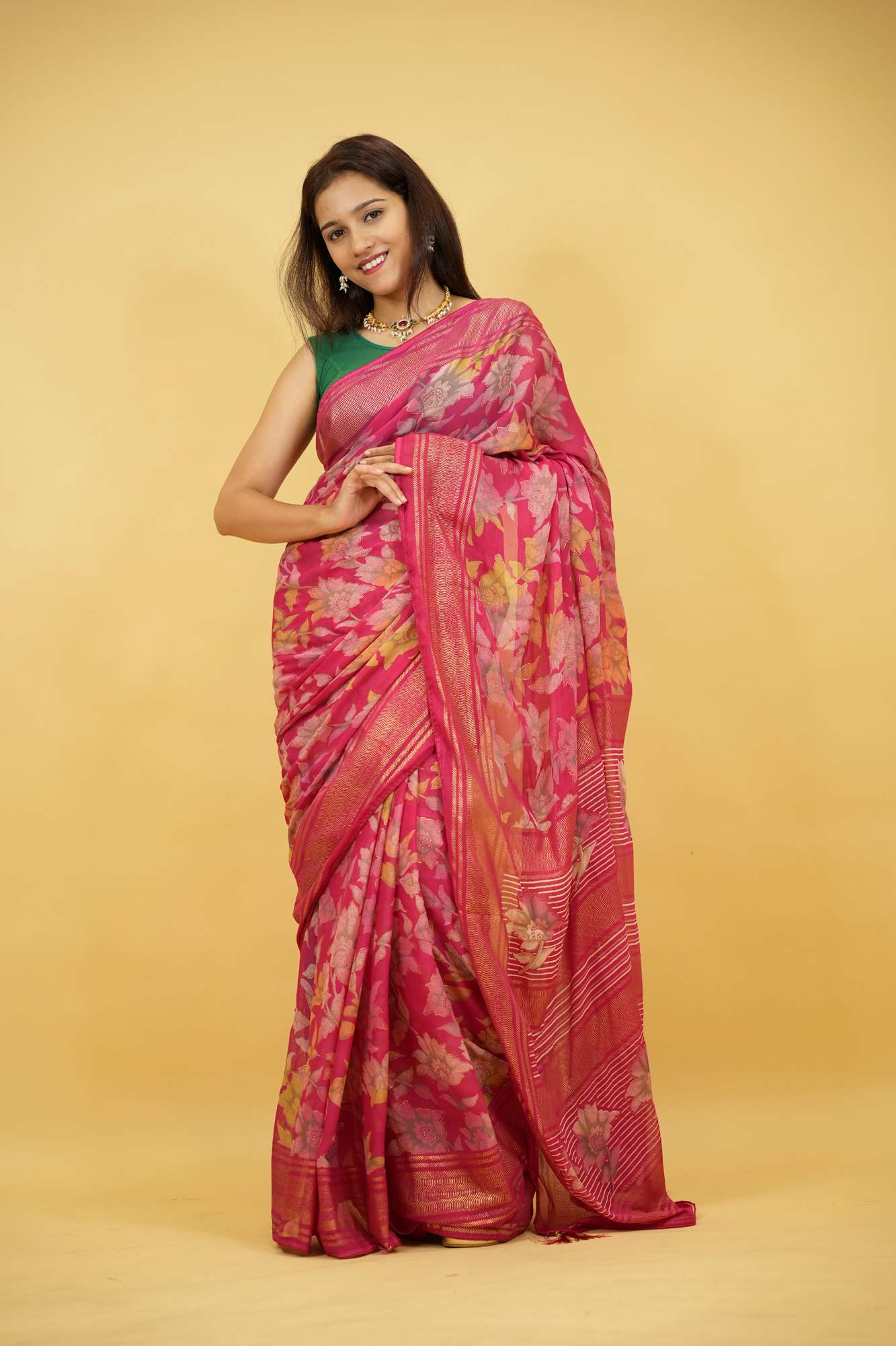 Pink Floral Print in Viscose Georgette Ready To Wear Saree