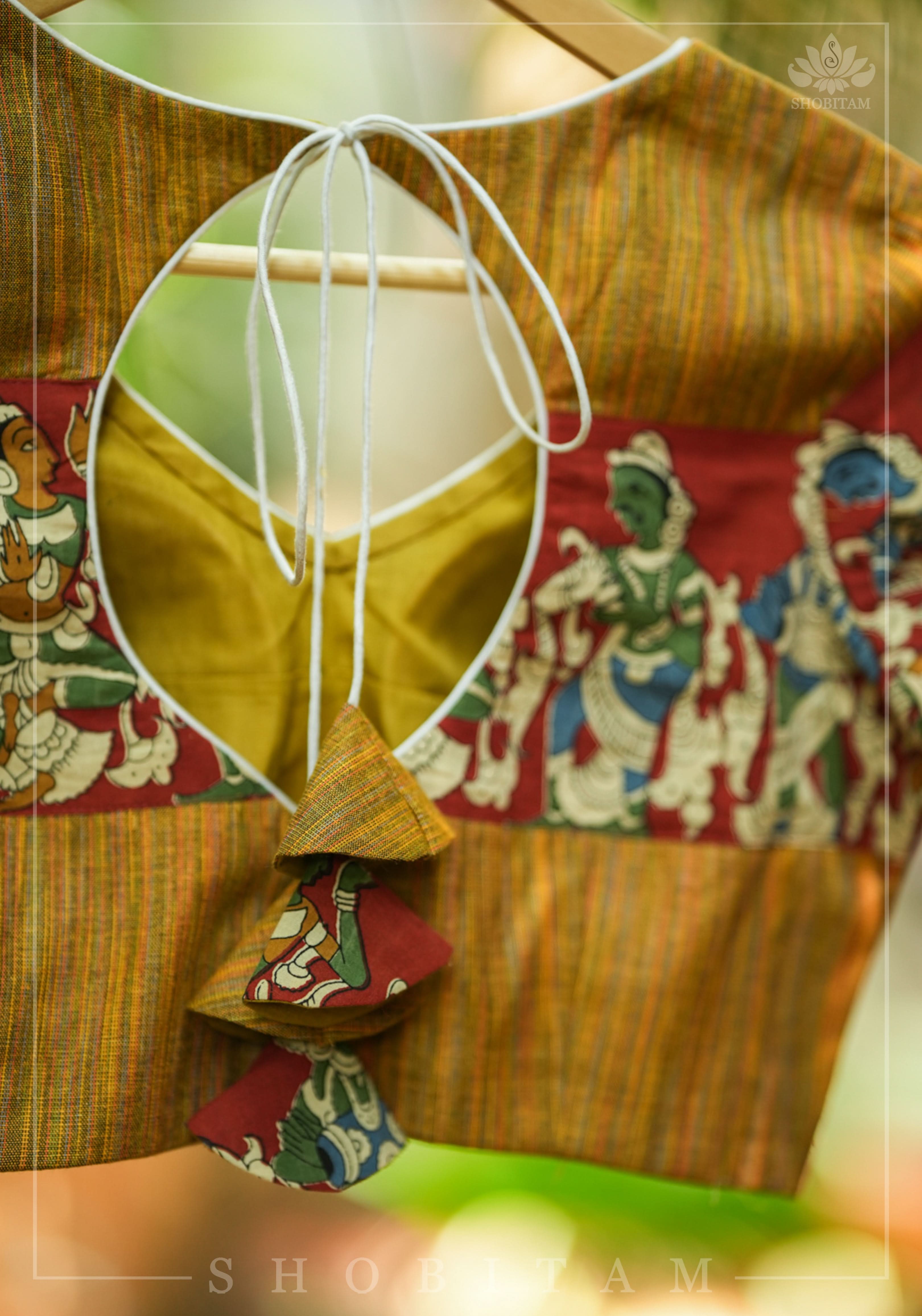 Honey brown handloom cotton V neck blouse with handpainted kalamkari band | Shobitam