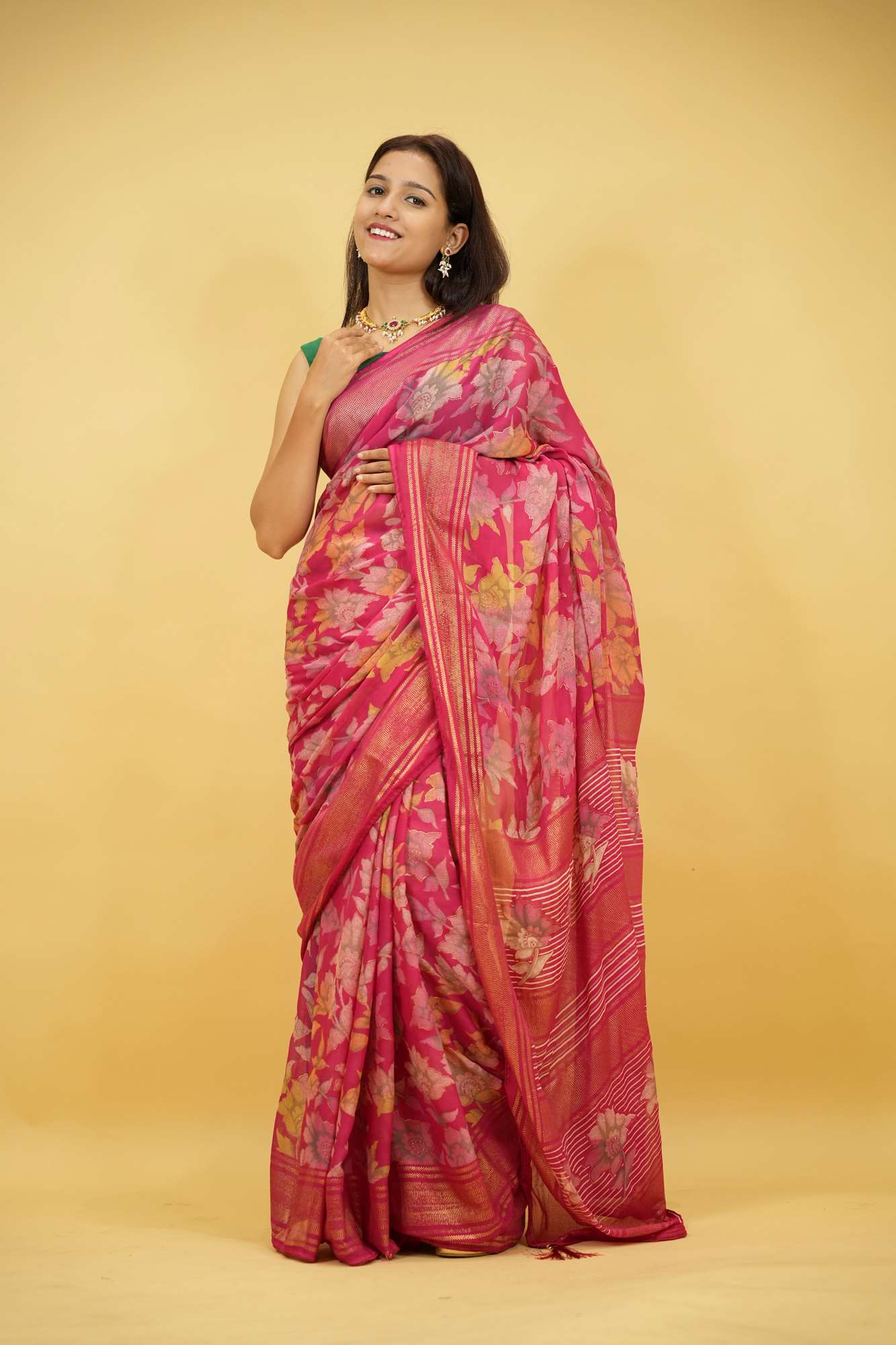 Pink Floral Print in Viscose Georgette Ready To Wear Saree