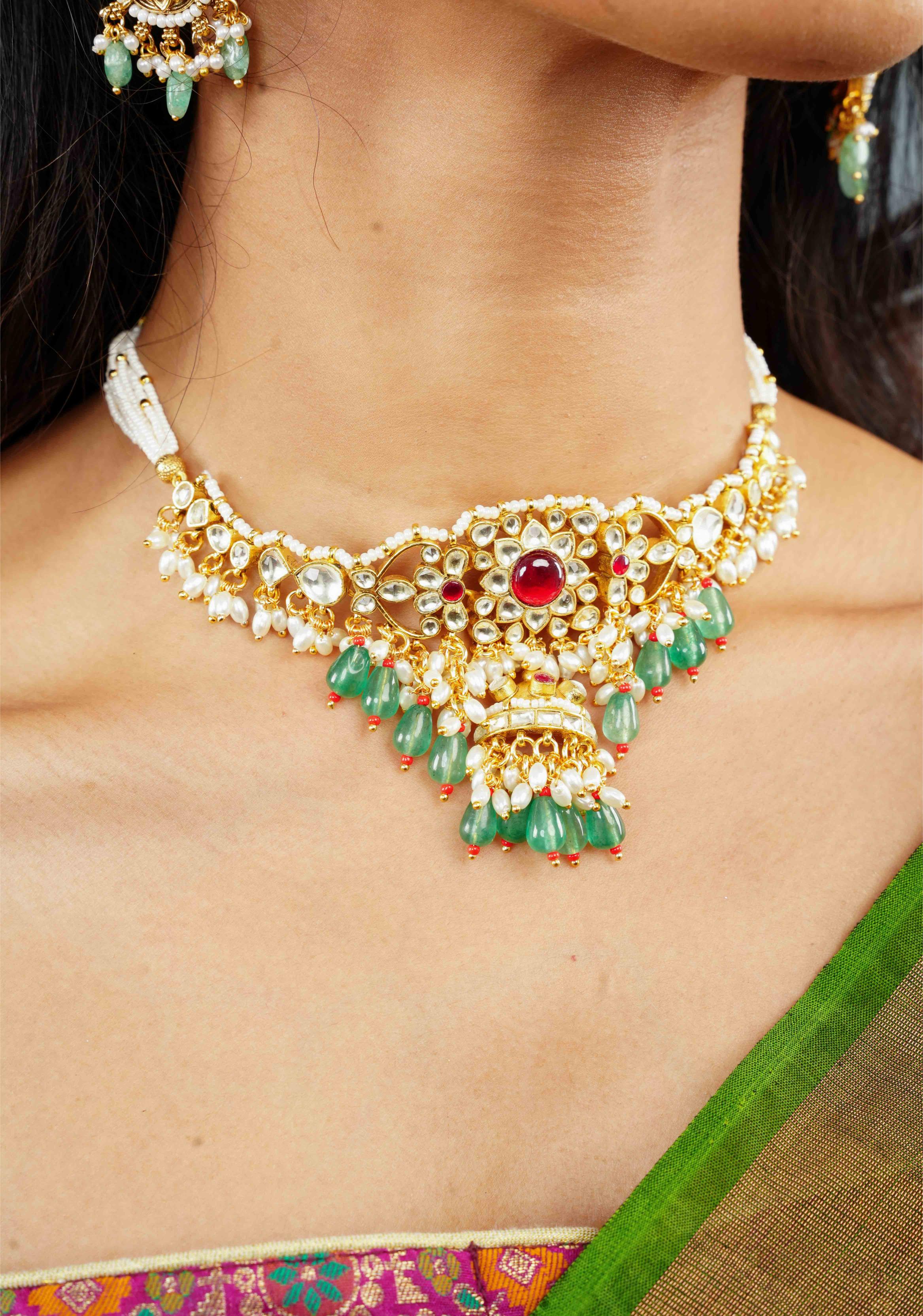 kundan necklace set with dangling pearl | Shobitam Jewelry