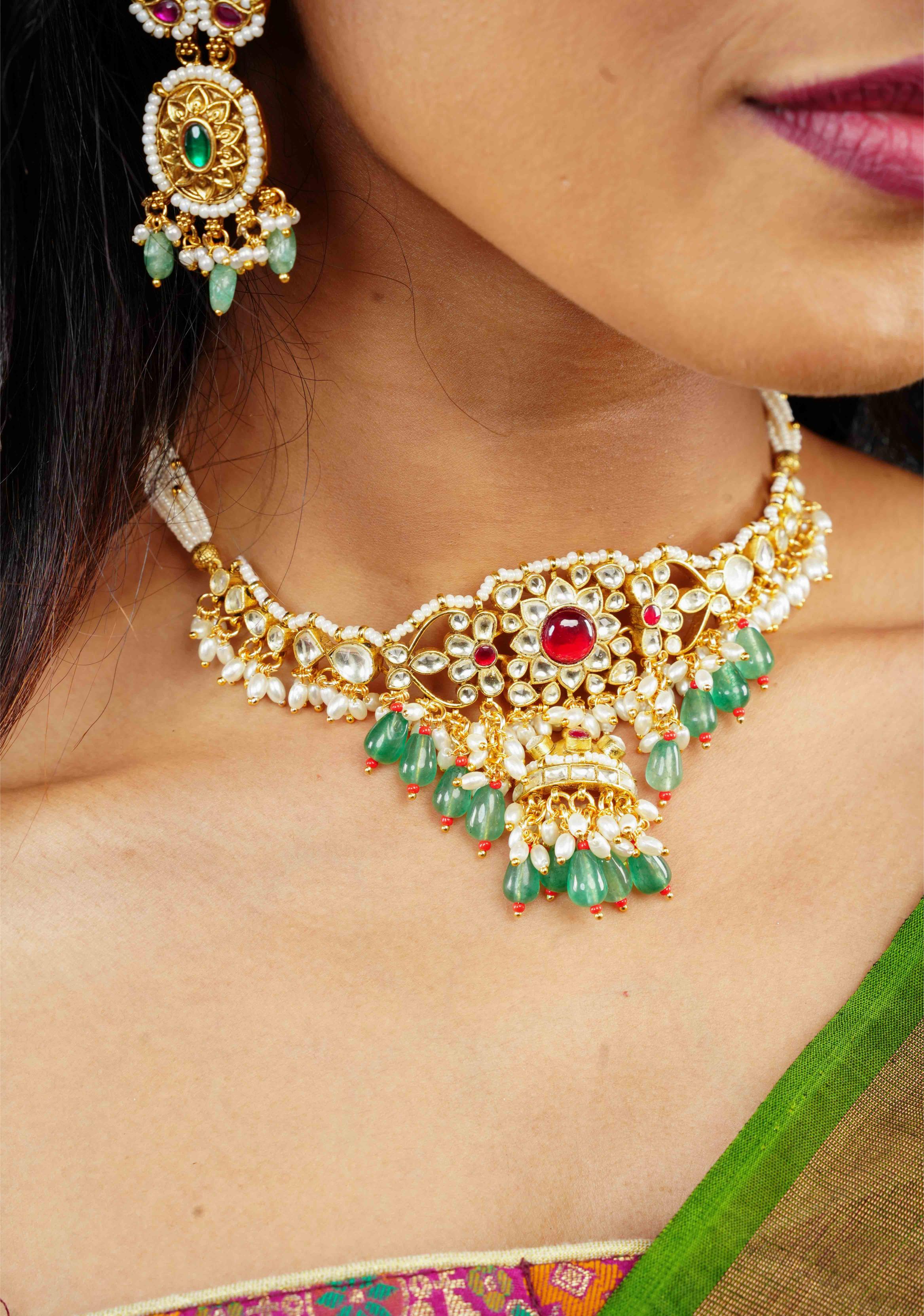 kundan necklace set with dangling pearl | Shobitam Jewelry
