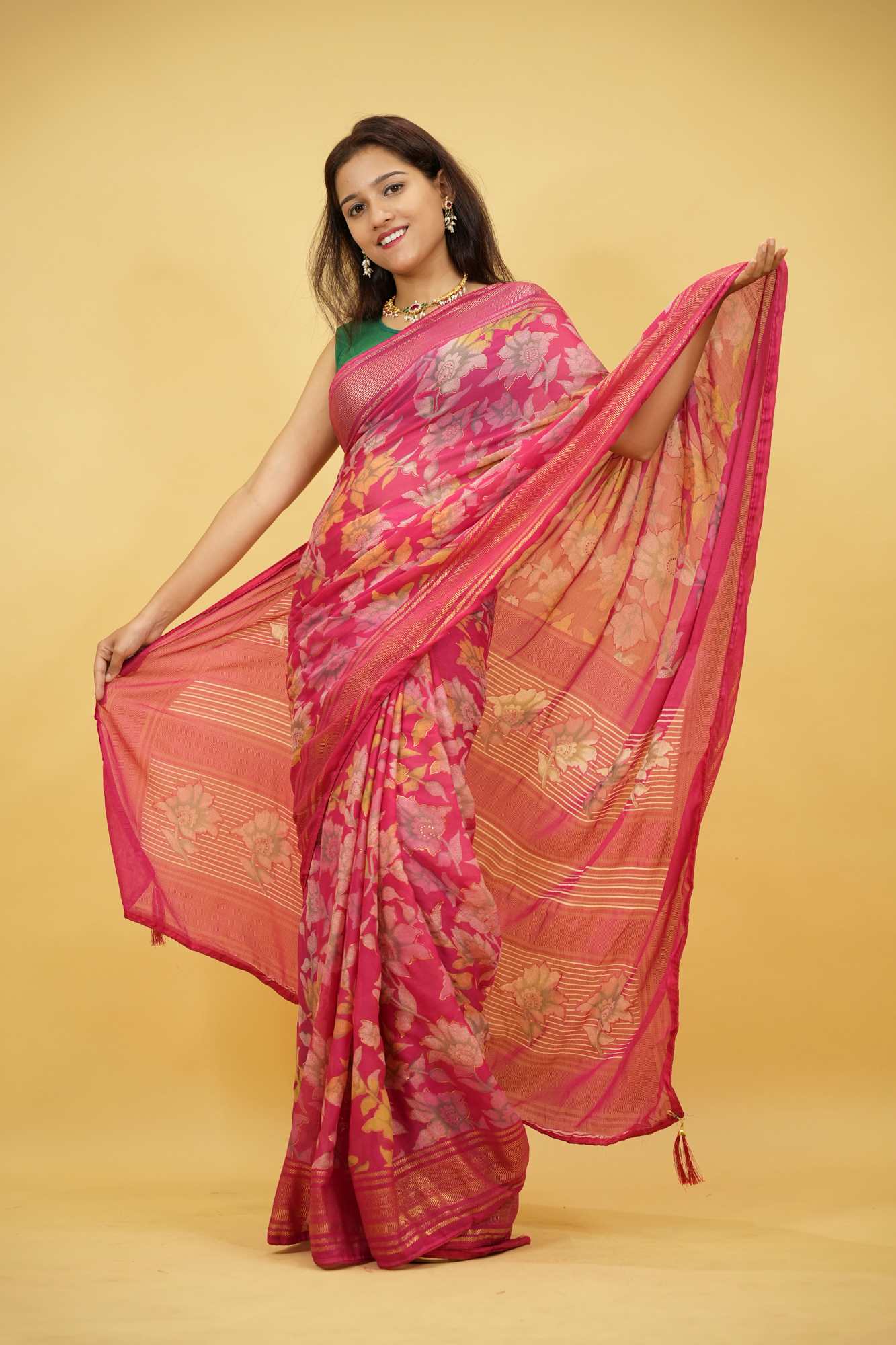 Pink Floral Print in Viscose Georgette Ready To Wear Saree