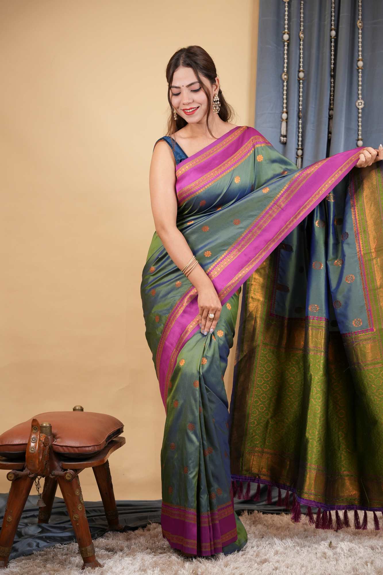 Kanchipuram Premium Silk Blend Prestitched Saree with Golden Butti & Rich Contrast Border Ready To Wear Saree