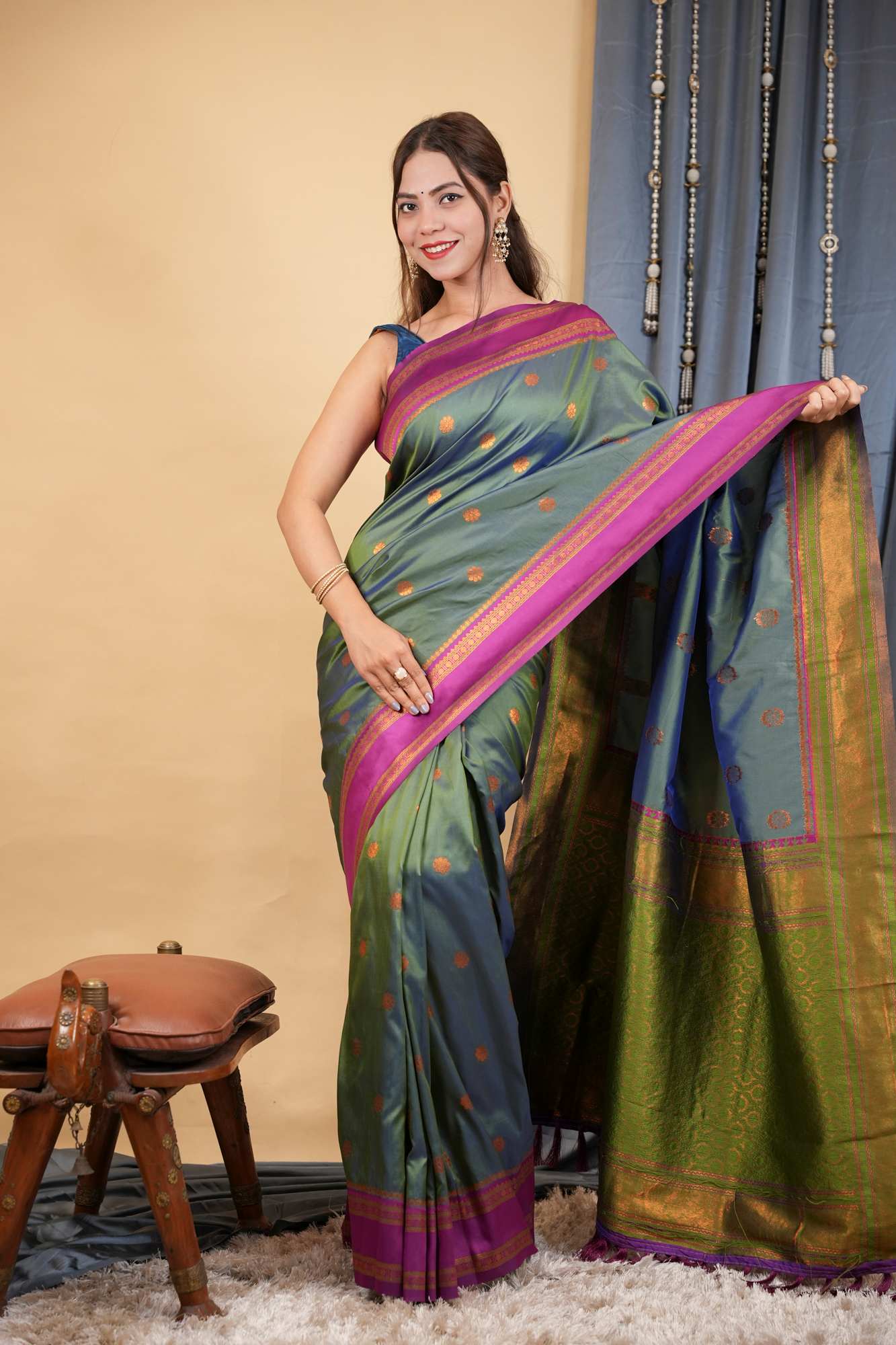 Kanchipuram Premium Silk Blend Prestitched Saree with Golden Butti & Rich Contrast Border Ready To Wear Saree