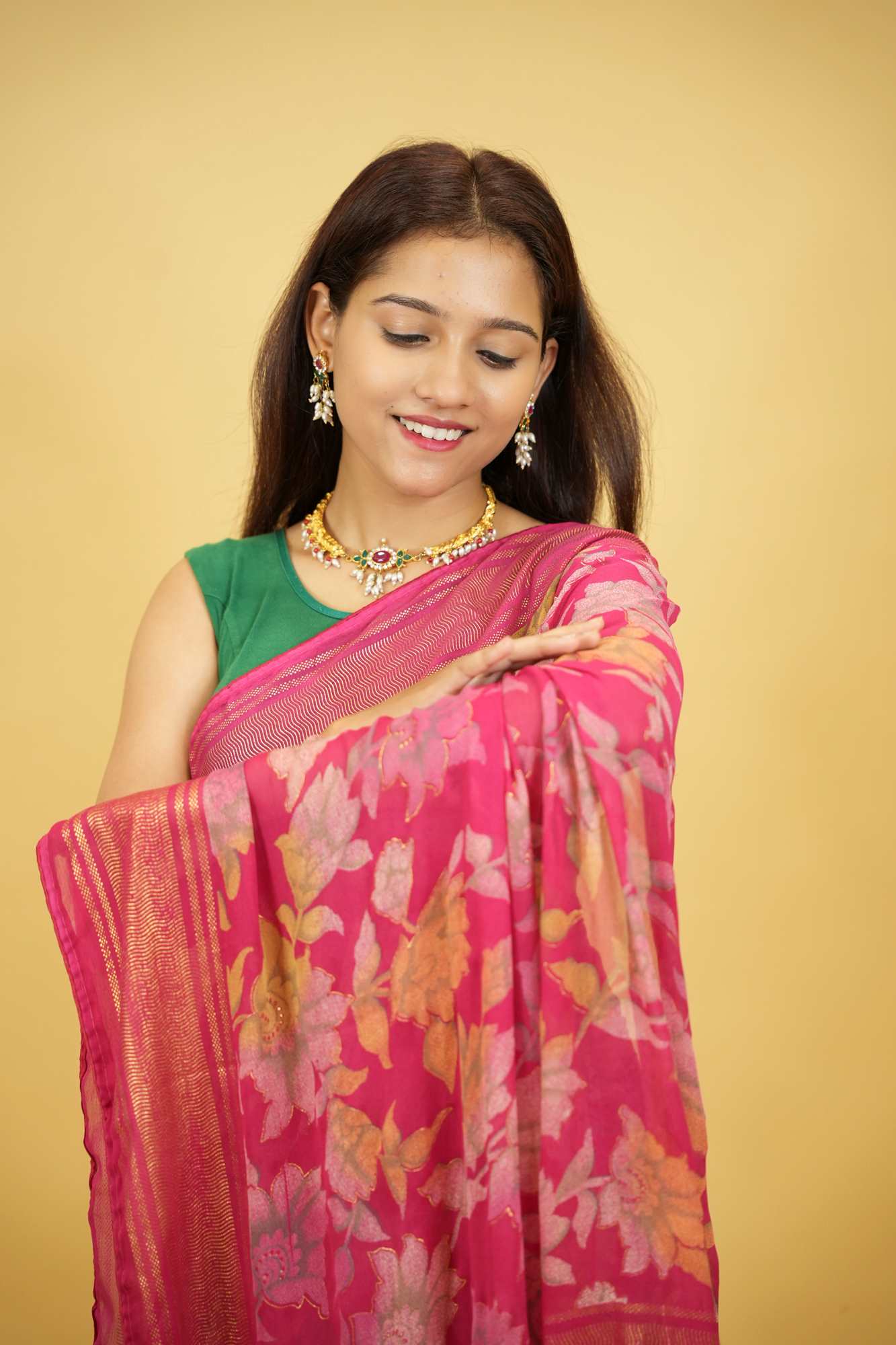 Pink Floral Print in Viscose Georgette Ready To Wear Saree
