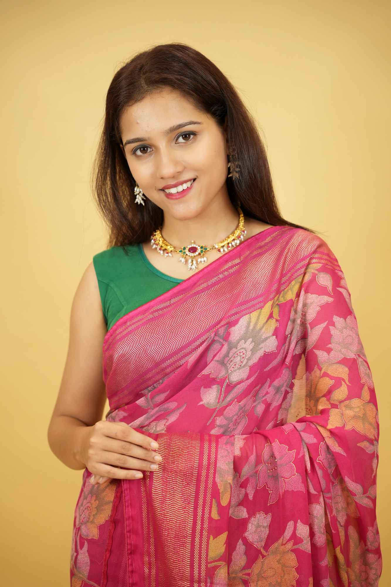 Pink Floral Print in Viscose Georgette Ready To Wear Saree