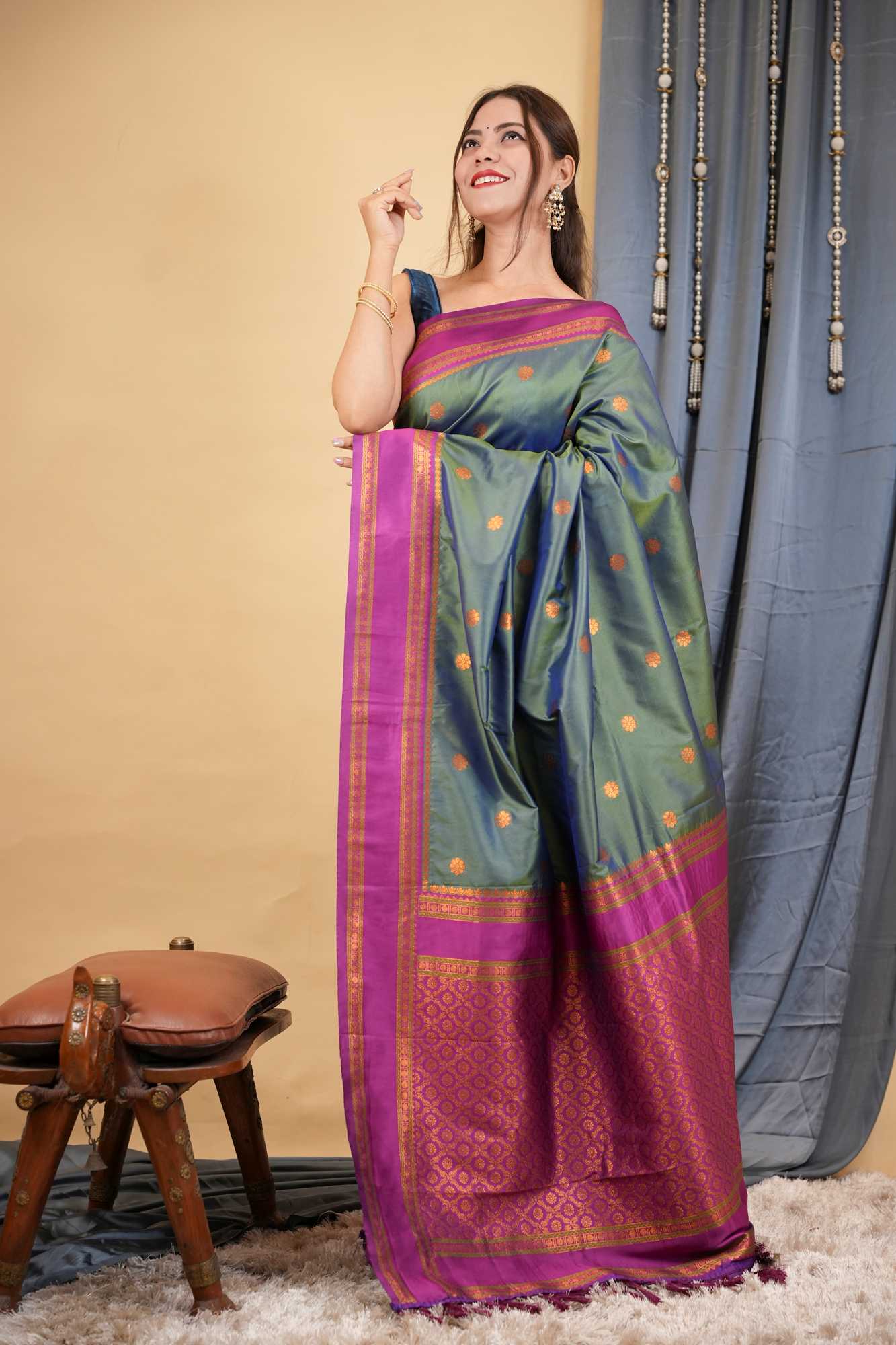 Kanchipuram Premium Silk Blend Prestitched Saree with Golden Butti & Rich Contrast Border Ready To Wear Saree