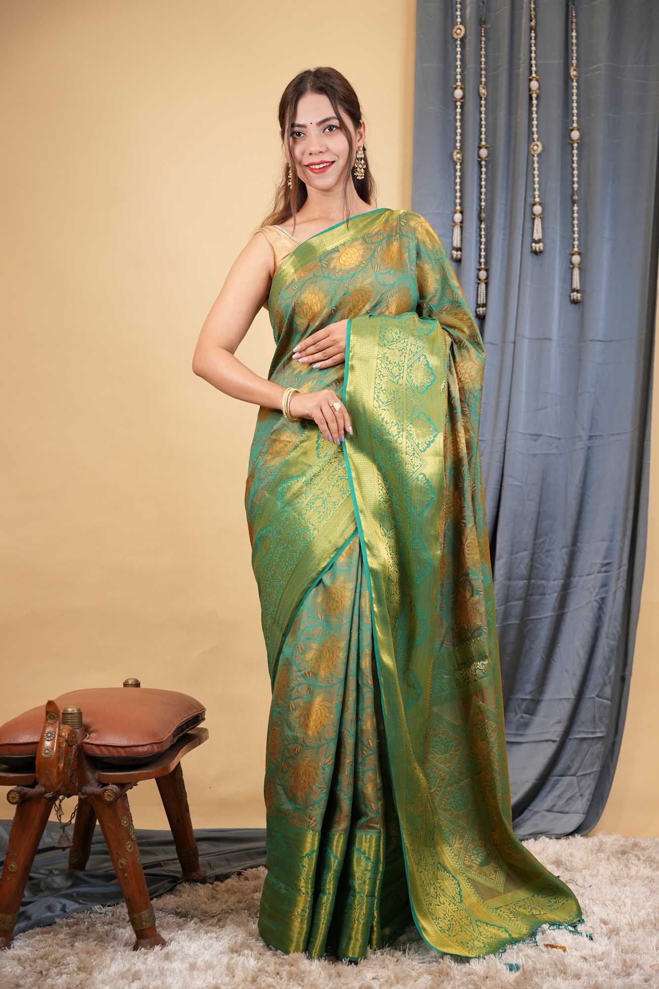 Classic Kanjivaram Border Prestitched Saree with All-Over Zari weave Ready To Wear Saree