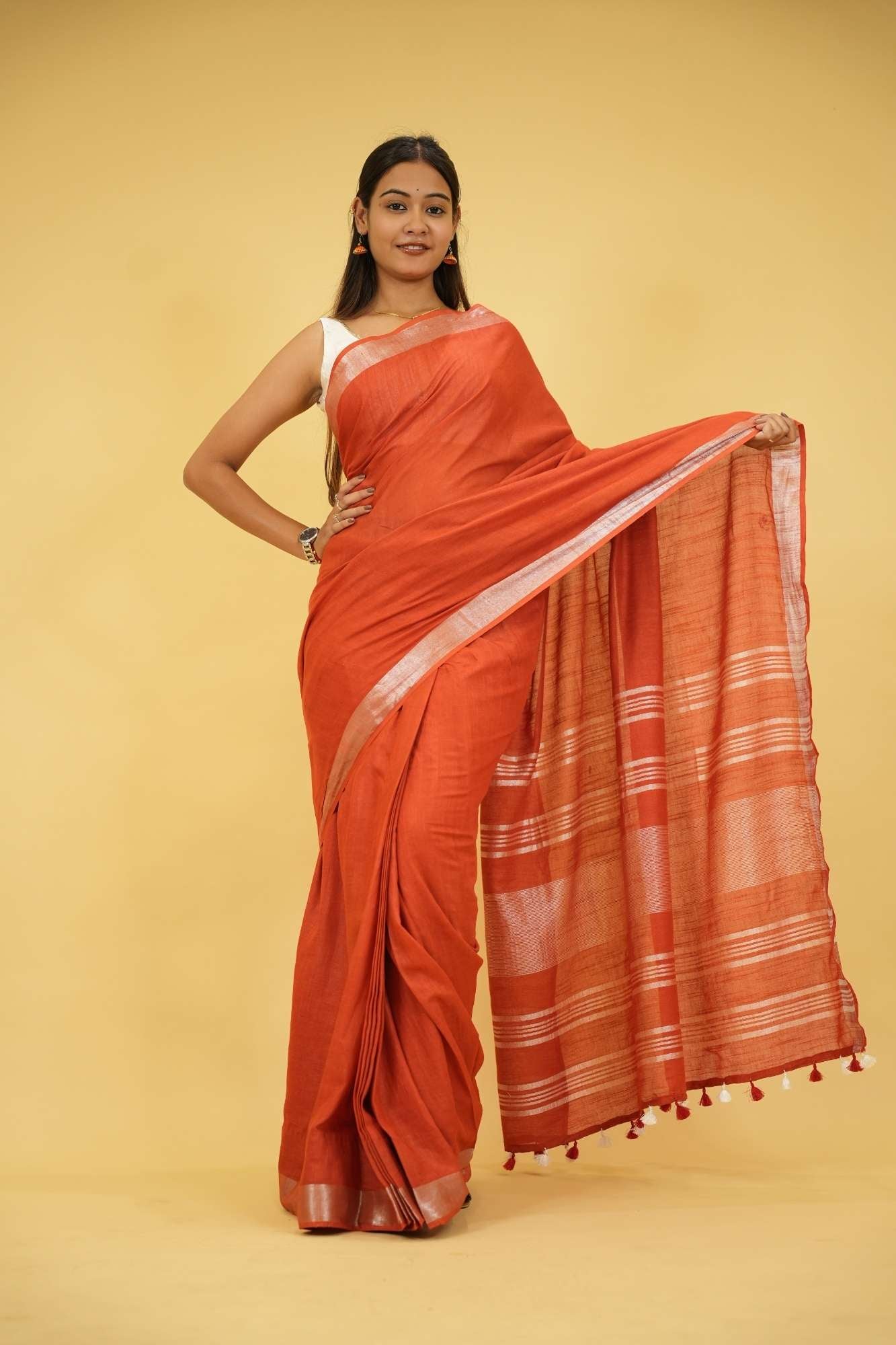 Gorgeous Maroon Linen Cotton Ready to Wear Saree