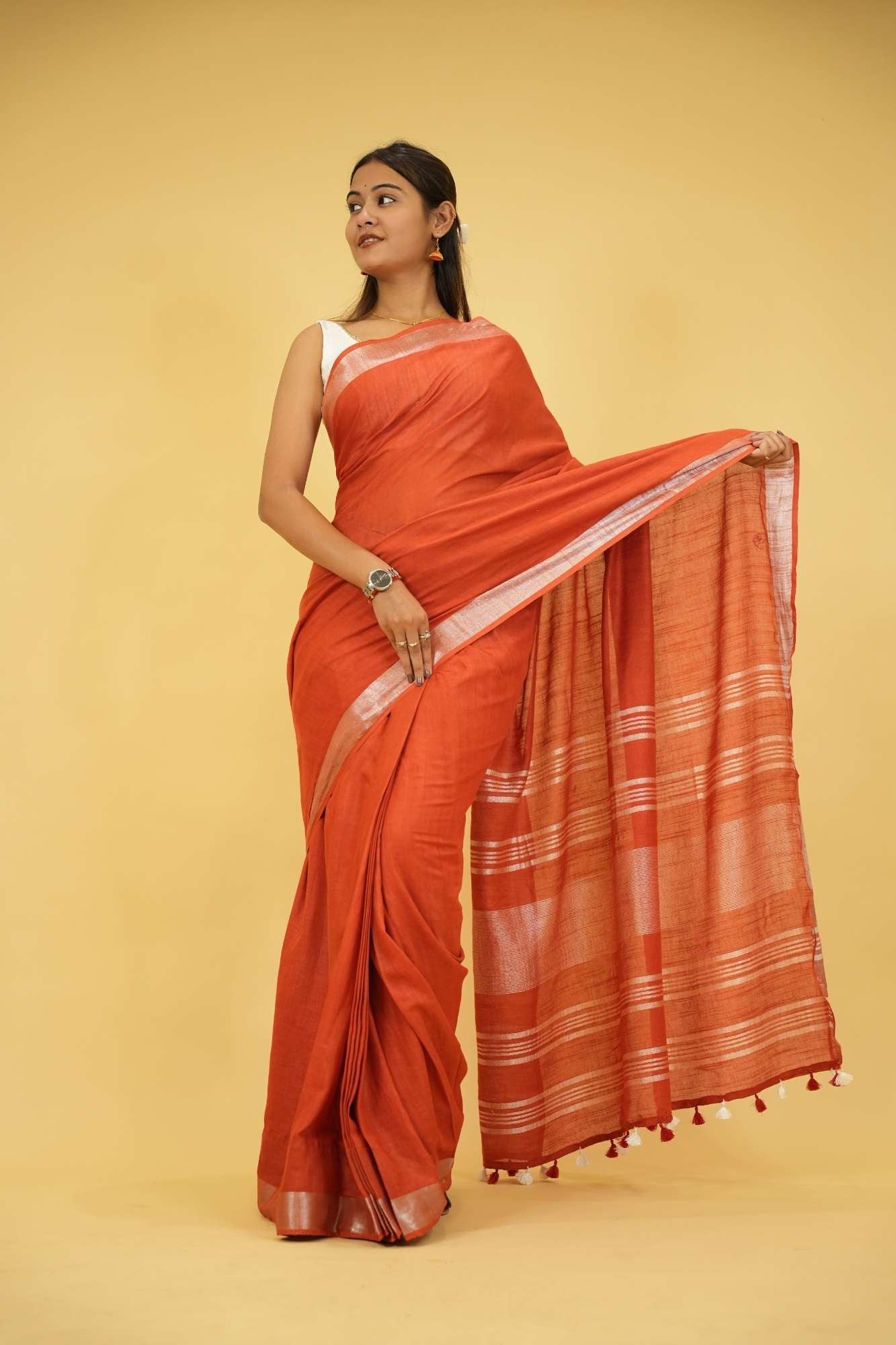 Gorgeous Maroon Linen Cotton Ready to Wear Saree
