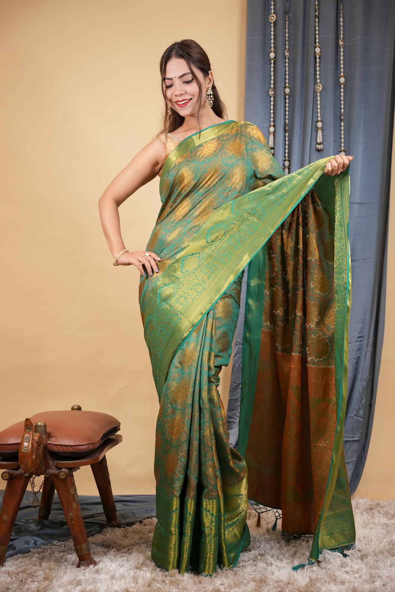 Classic Kanjivaram Border Prestitched Saree with All-Over Zari weave Ready To Wear Saree