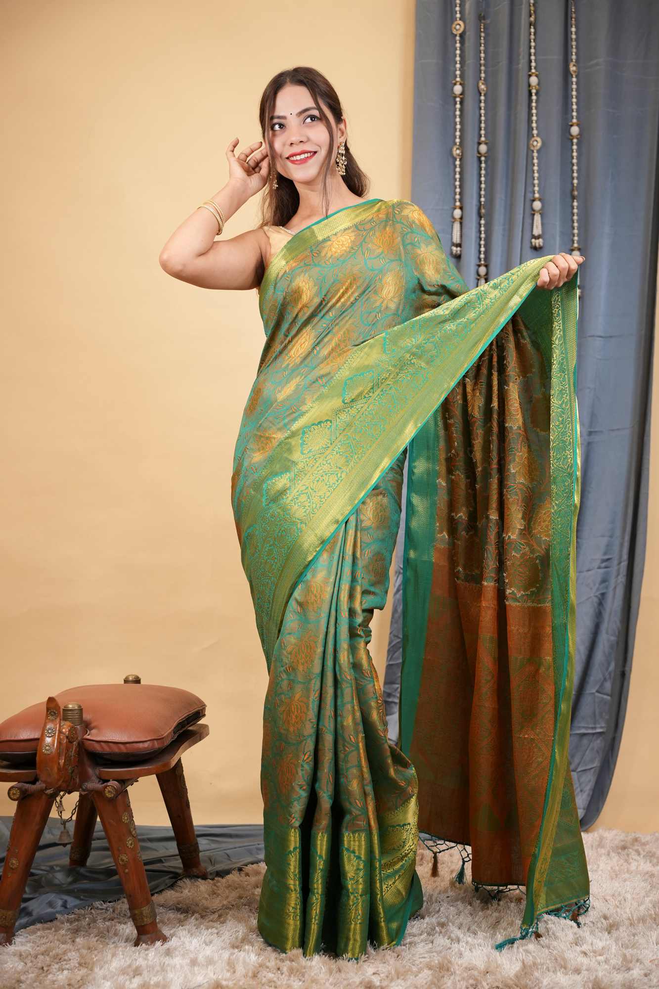 Classic Kanjivaram Border Prestitched Saree with All-Over Zari weave Ready To Wear Saree