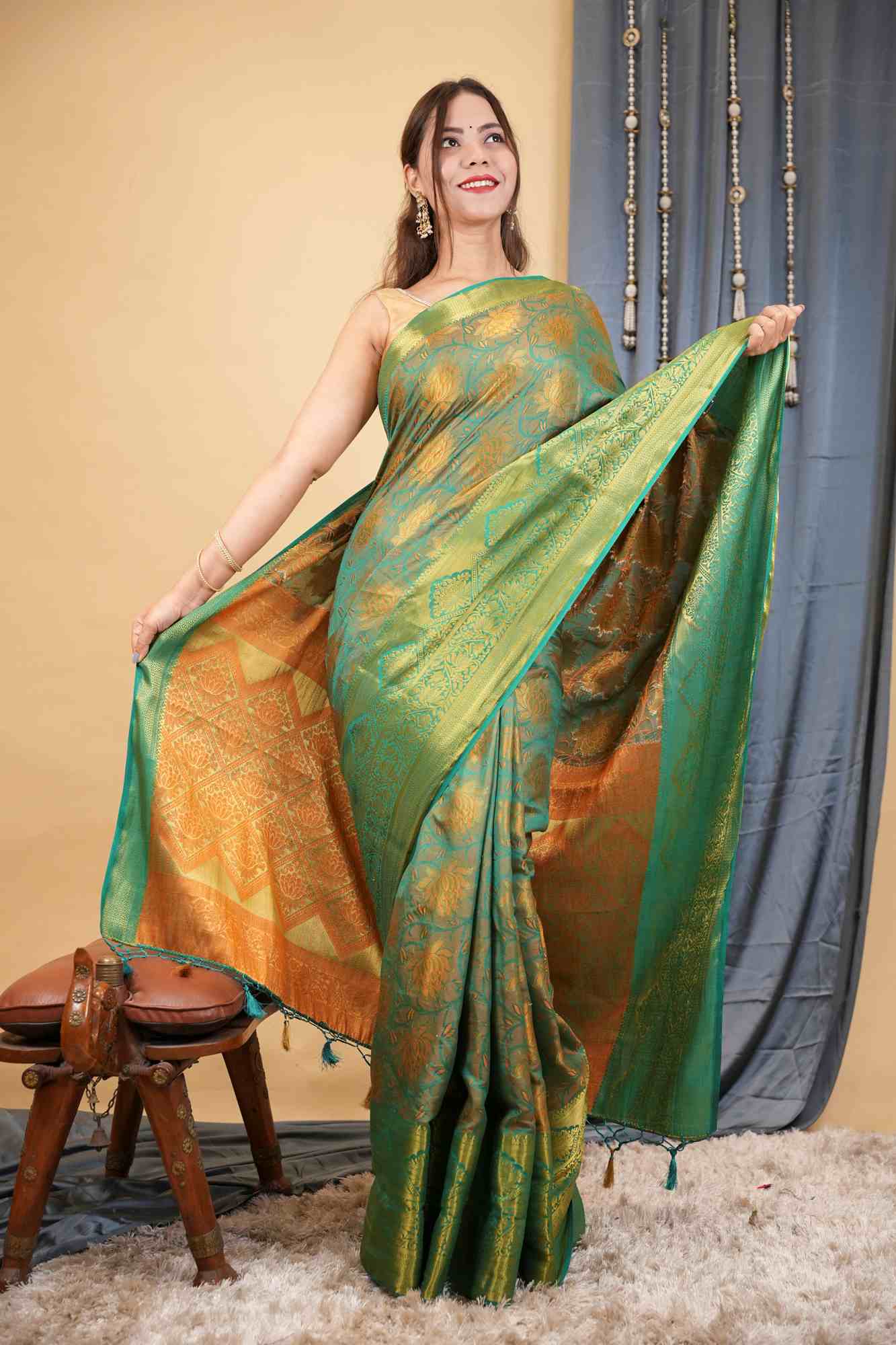 Classic Kanjivaram Border Prestitched Saree with All-Over Zari weave Ready To Wear Saree