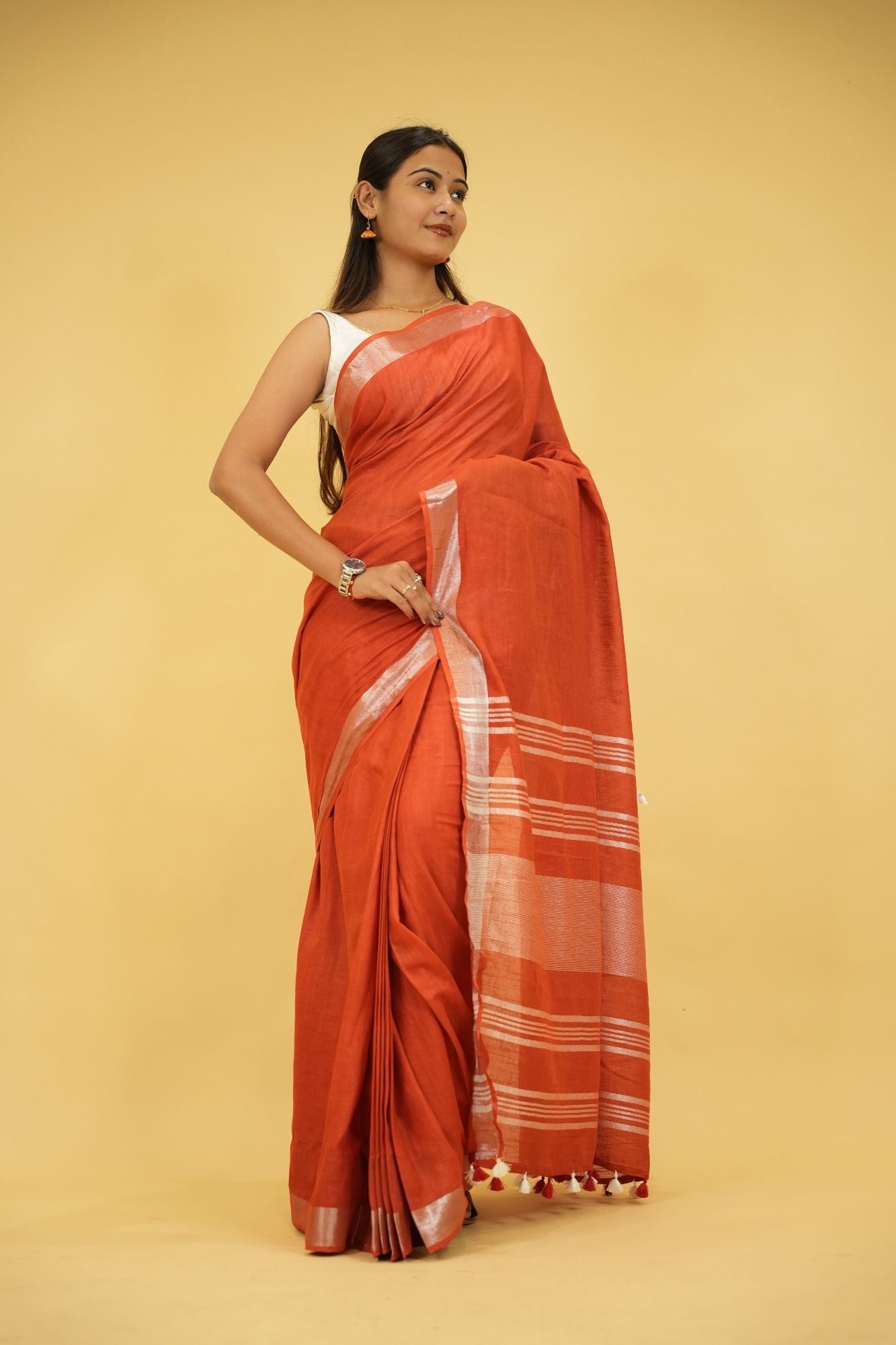 Gorgeous Maroon Linen Cotton Ready to Wear Saree