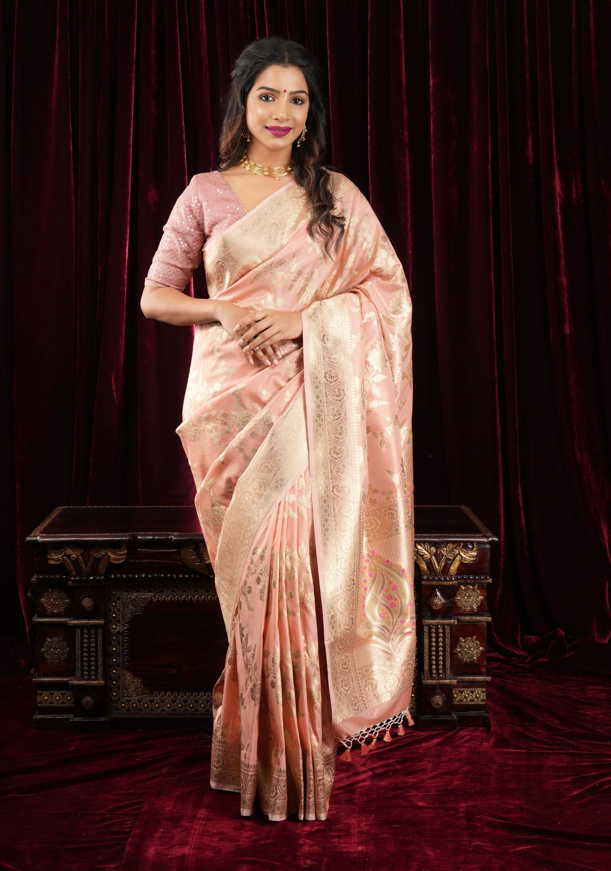 Blush Peach Tissue Semi silk saree with leheria Zari Floral vine pattern | SHOBITAM