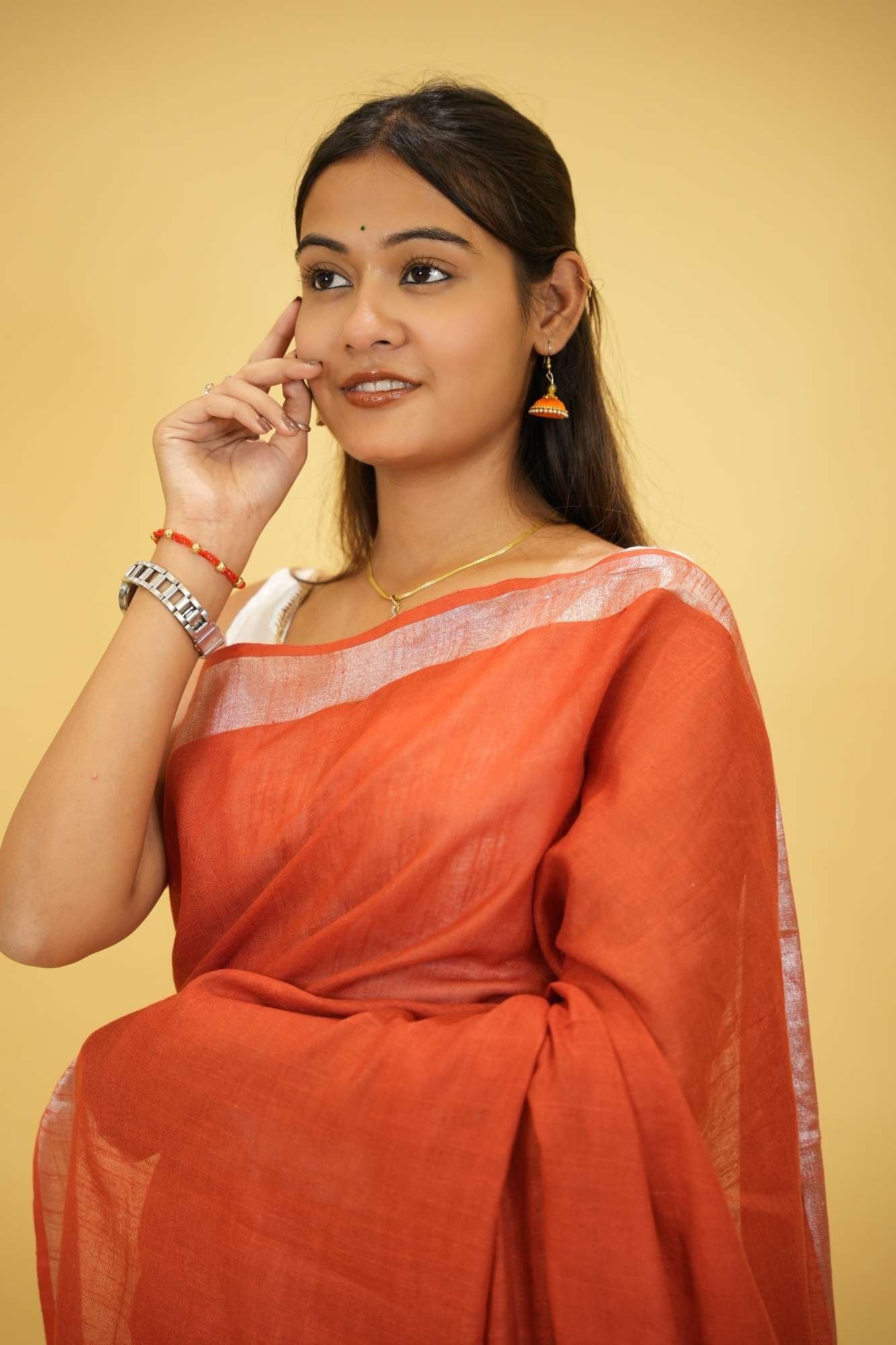 Gorgeous Maroon Linen Cotton Ready to Wear Saree