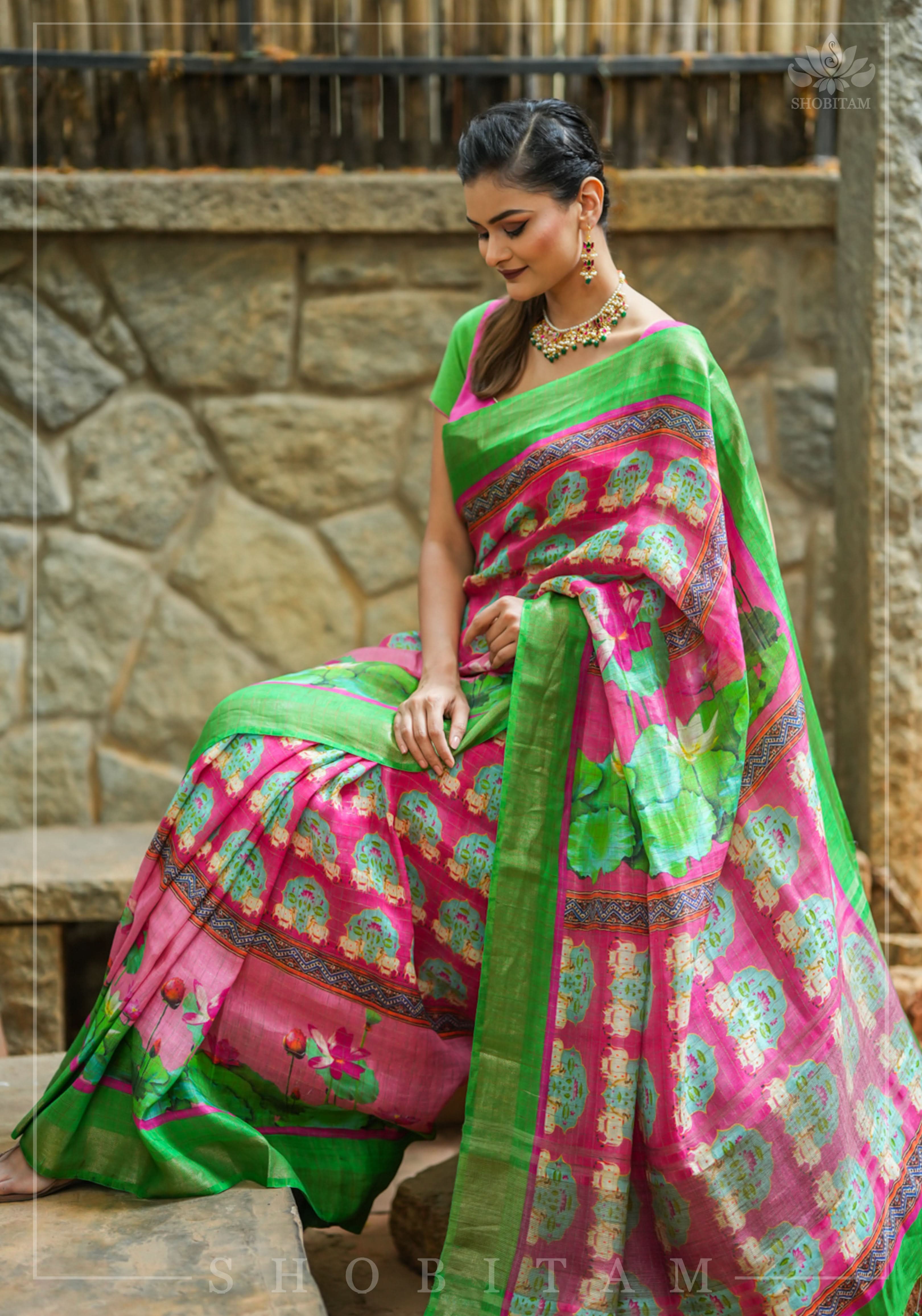 Silk Linen Saree with Pichwai Digital Print | Shobitam Saree
