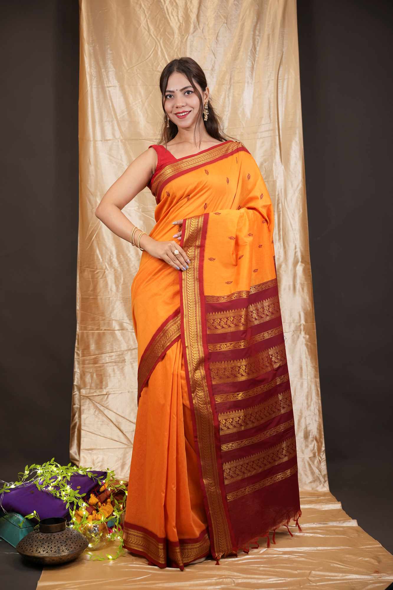 Traditional Premium Zari Border South Silk Saree with Elegant Butti Work Ready To Wear Saree