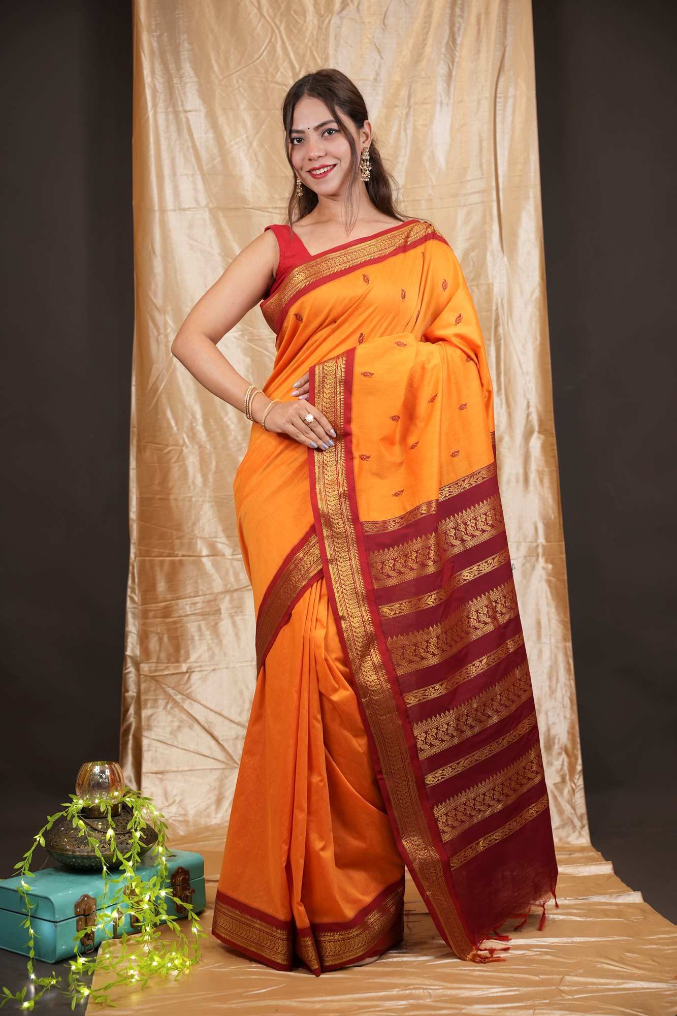 Traditional Premium Zari Border South Silk Saree with Elegant Butti Work Ready To Wear Saree