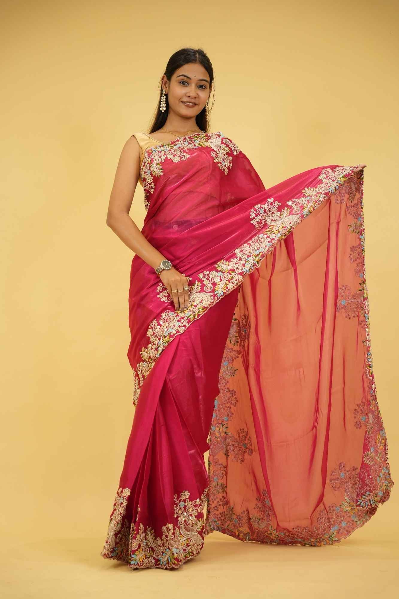 Jimmi Chu Chiffon Silk Sequin & Multi-Thread Embroidered Ready-to-Wear Saree