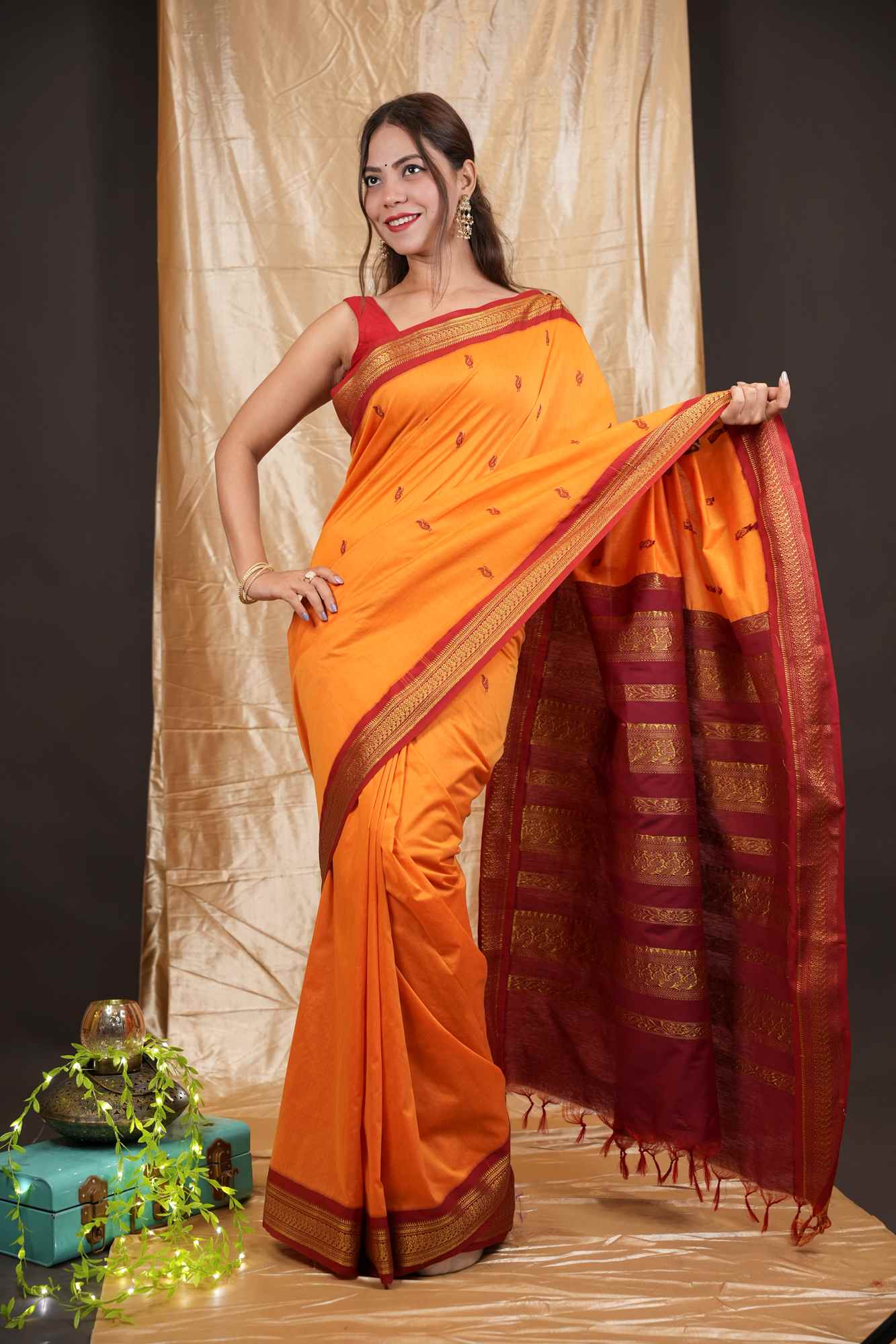 Traditional Premium Zari Border South Silk Saree with Elegant Butti Work Ready To Wear Saree