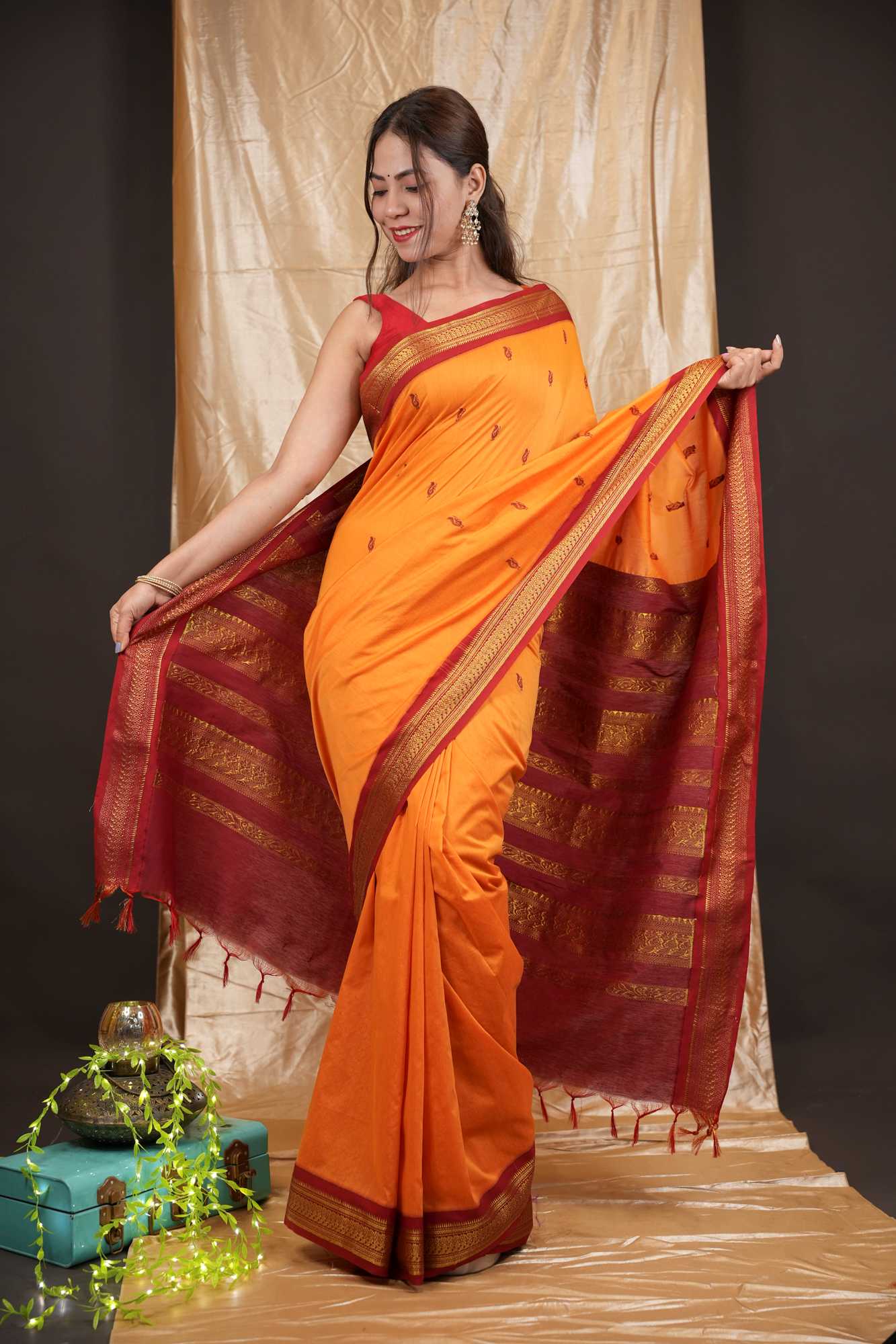 Traditional Premium Zari Border South Silk Saree with Elegant Butti Work Ready To Wear Saree