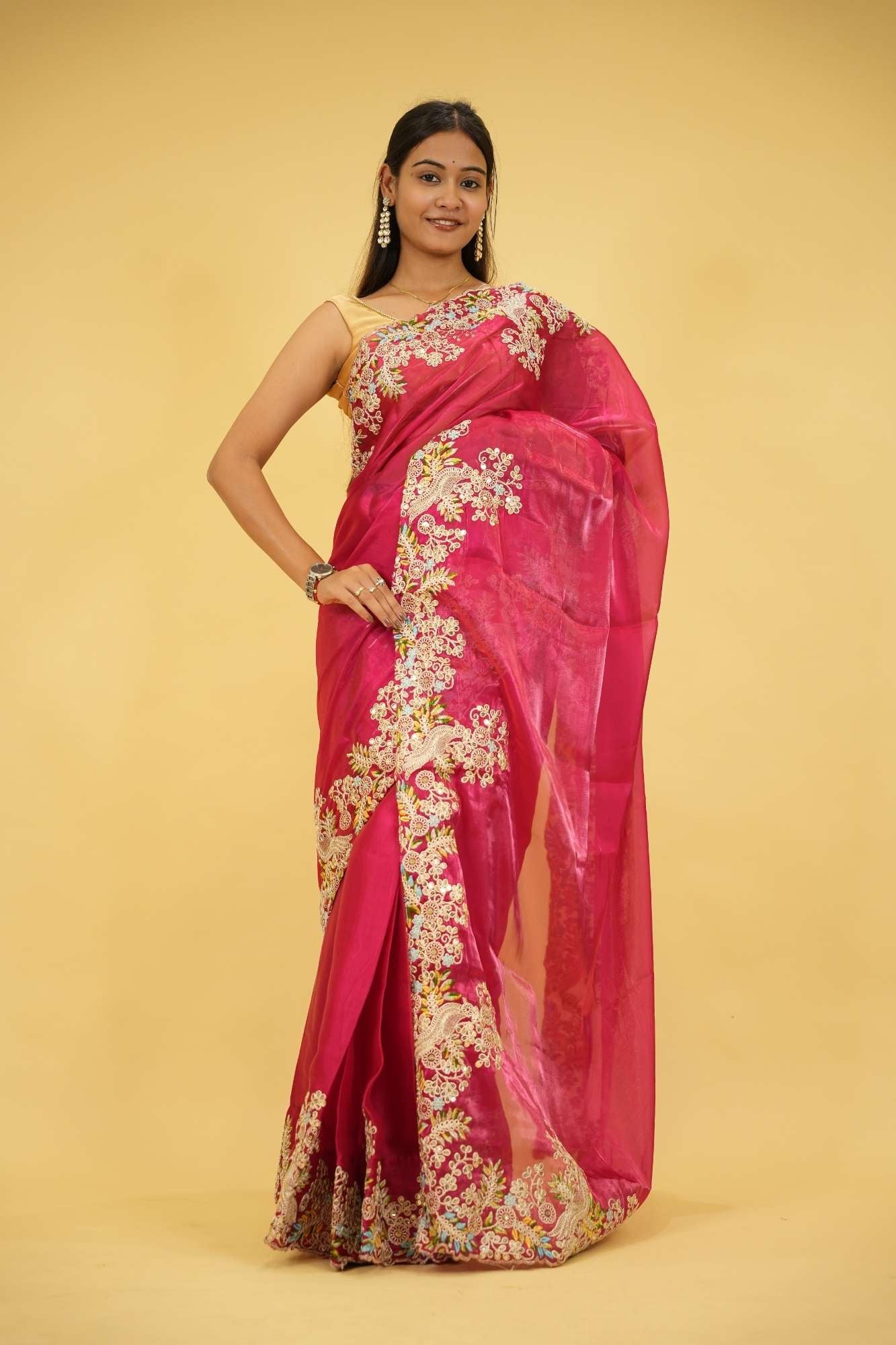 Jimmi Chu Chiffon Silk Sequin & Multi-Thread Embroidered Ready-to-Wear Saree