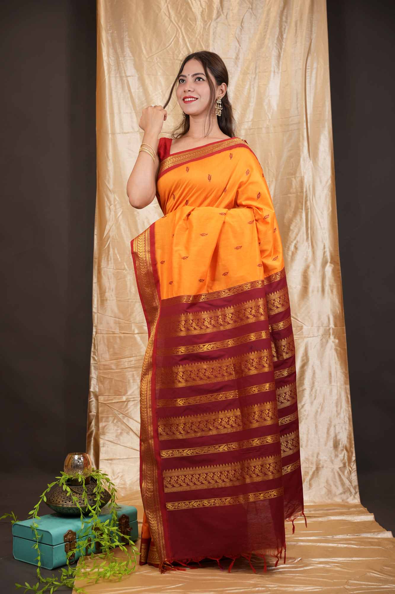 Traditional Premium Zari Border South Silk Saree with Elegant Butti Work Ready To Wear Saree