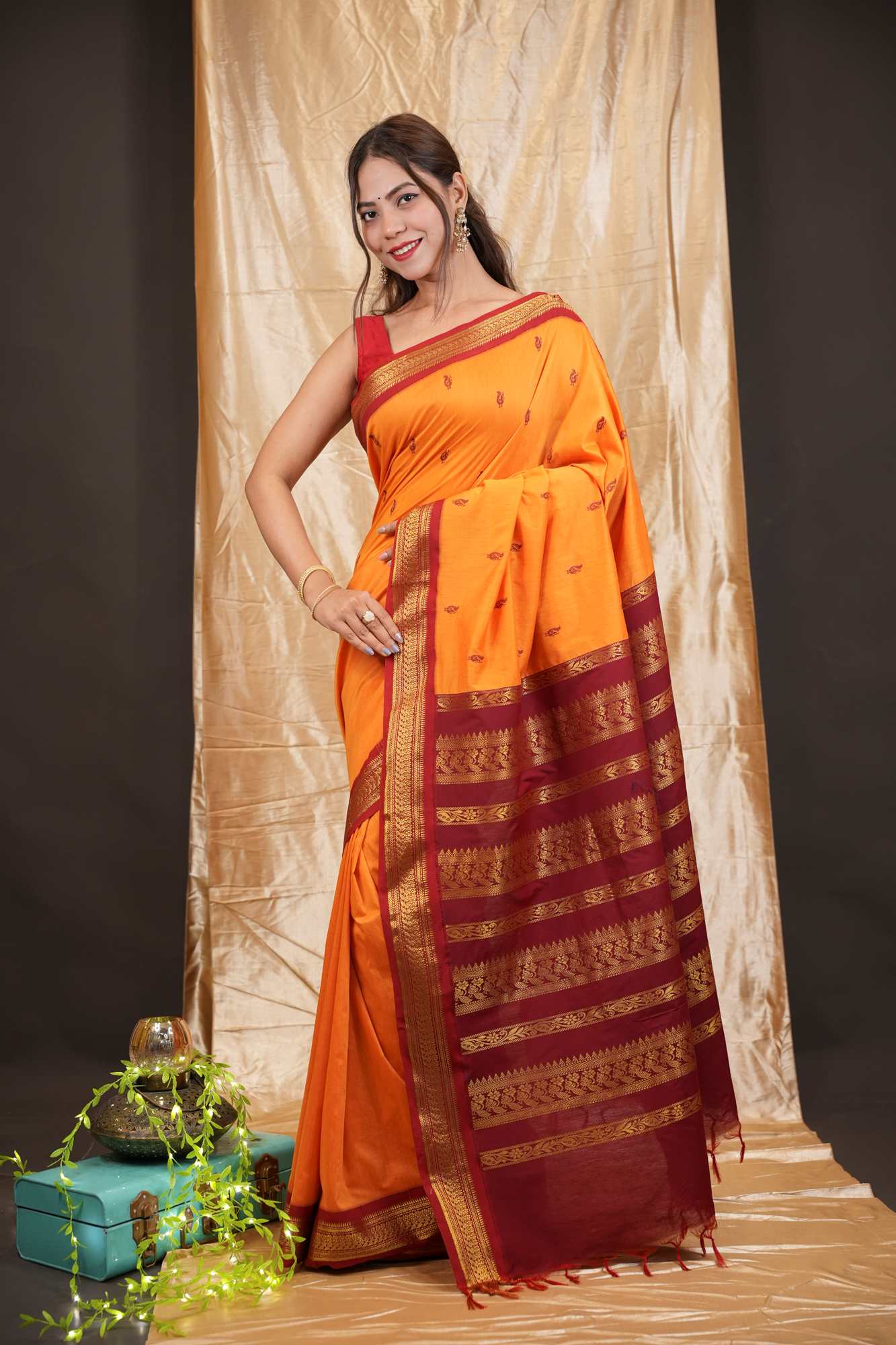 Traditional Premium Zari Border South Silk Saree with Elegant Butti Work Ready To Wear Saree
