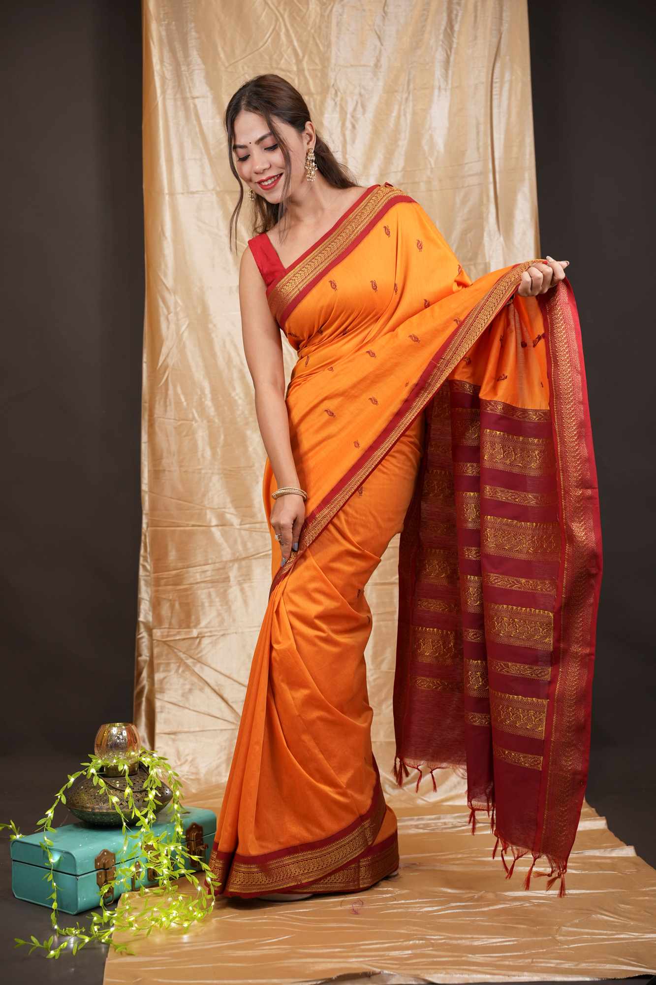 Traditional Premium Zari Border South Silk Saree with Elegant Butti Work Ready To Wear Saree