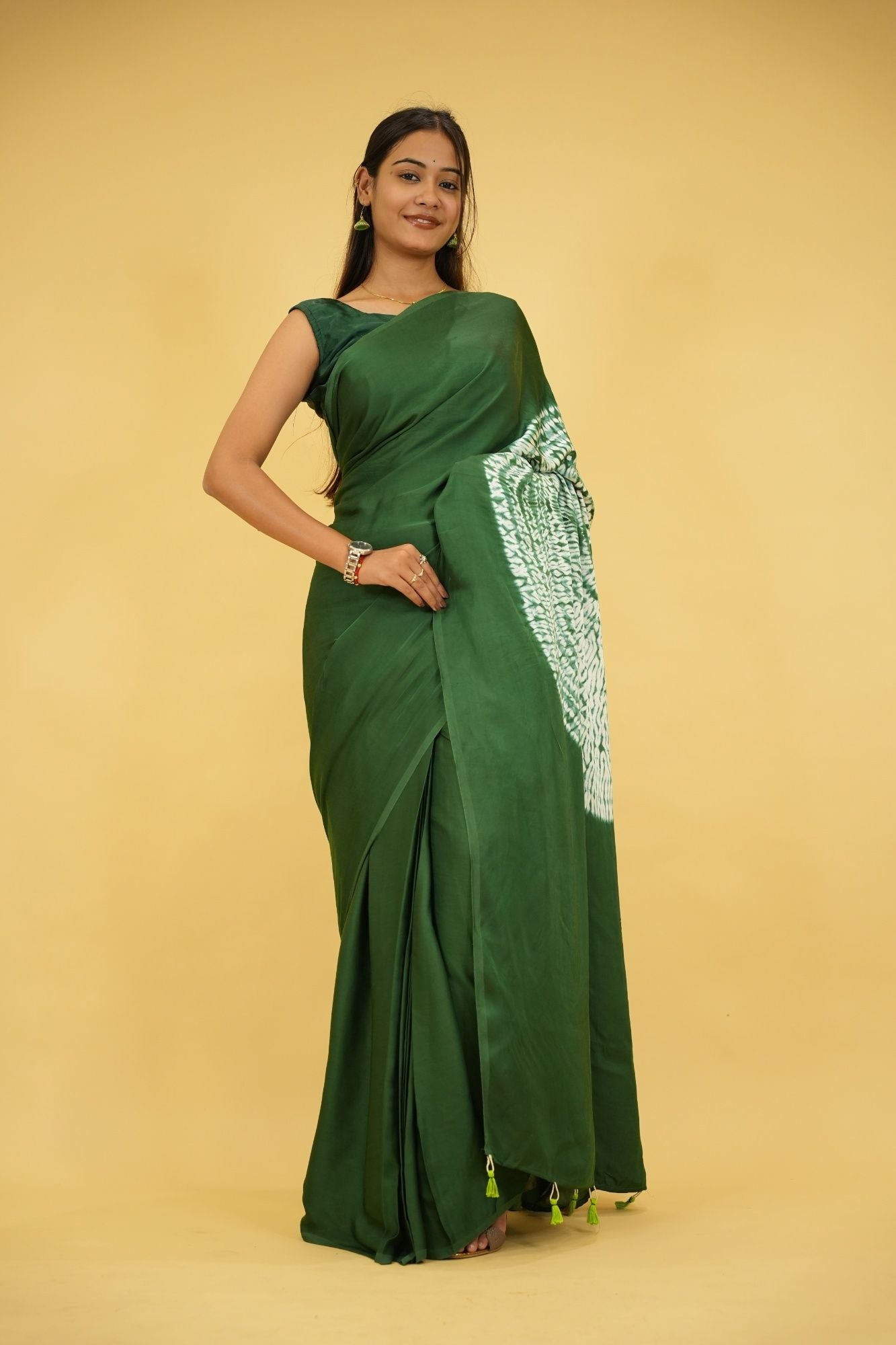 Pre drape Hand Shibori mandala Dye on Green Modal Silk And Tassel On Pallu saree