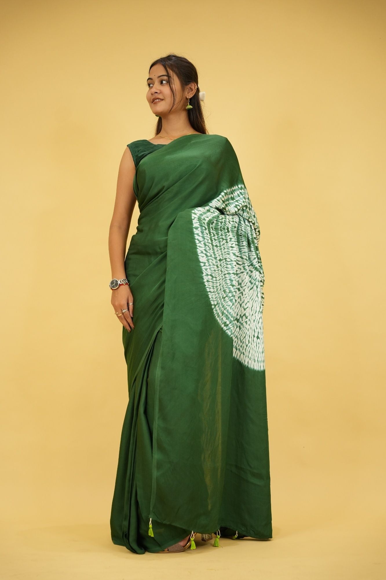 Pre drape Hand Shibori mandala Dye on Green Modal Silk And Tassel On Pallu saree