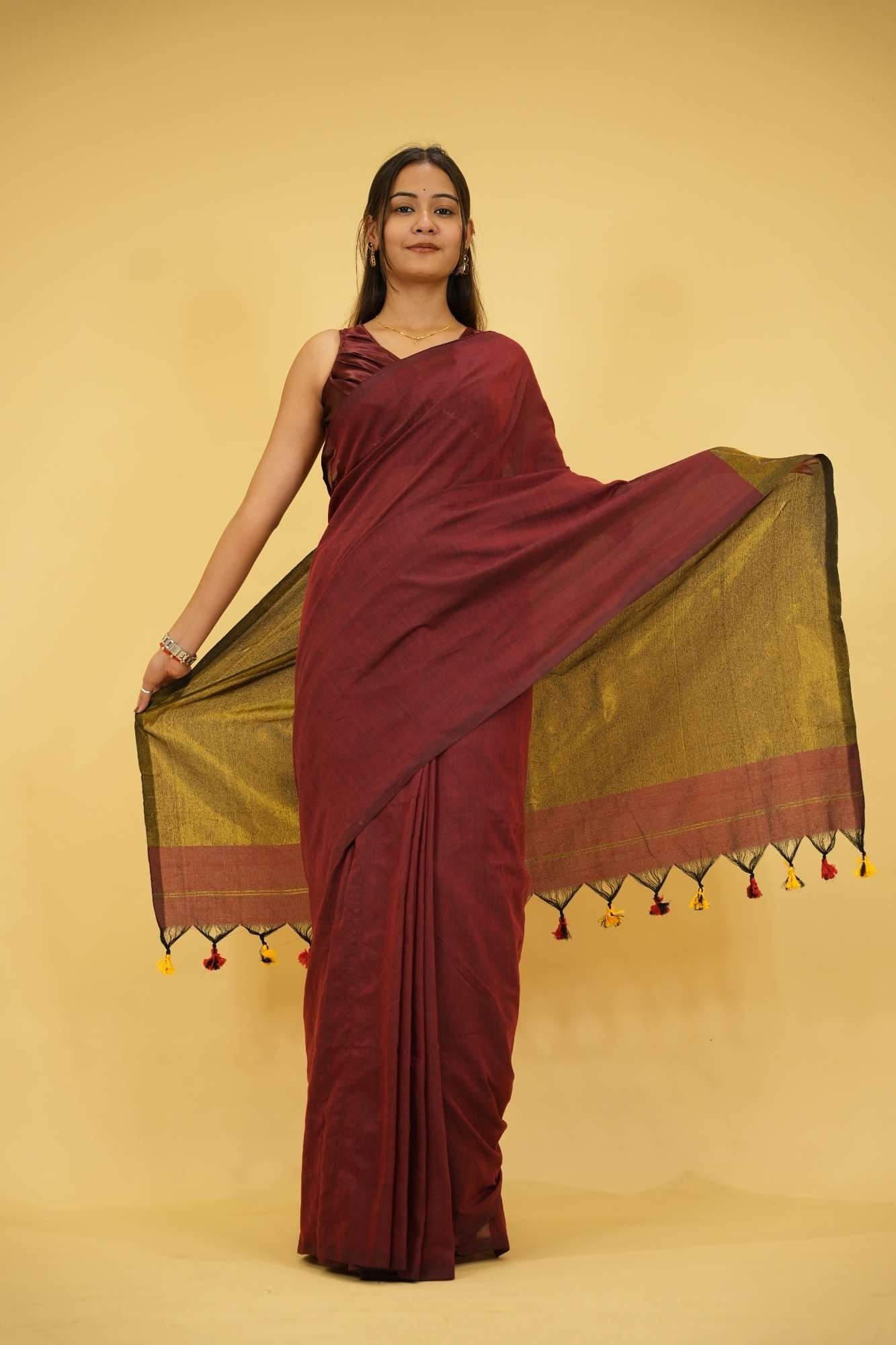 Maroon and Olive Khadi Cotton with Subtle Zari Sheen and Tassel Ready to Wear Saree