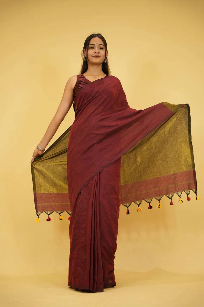 Maroon and Olive Khadi Cotton with Subtle Zari Sheen and Tassel Ready to Wear Saree