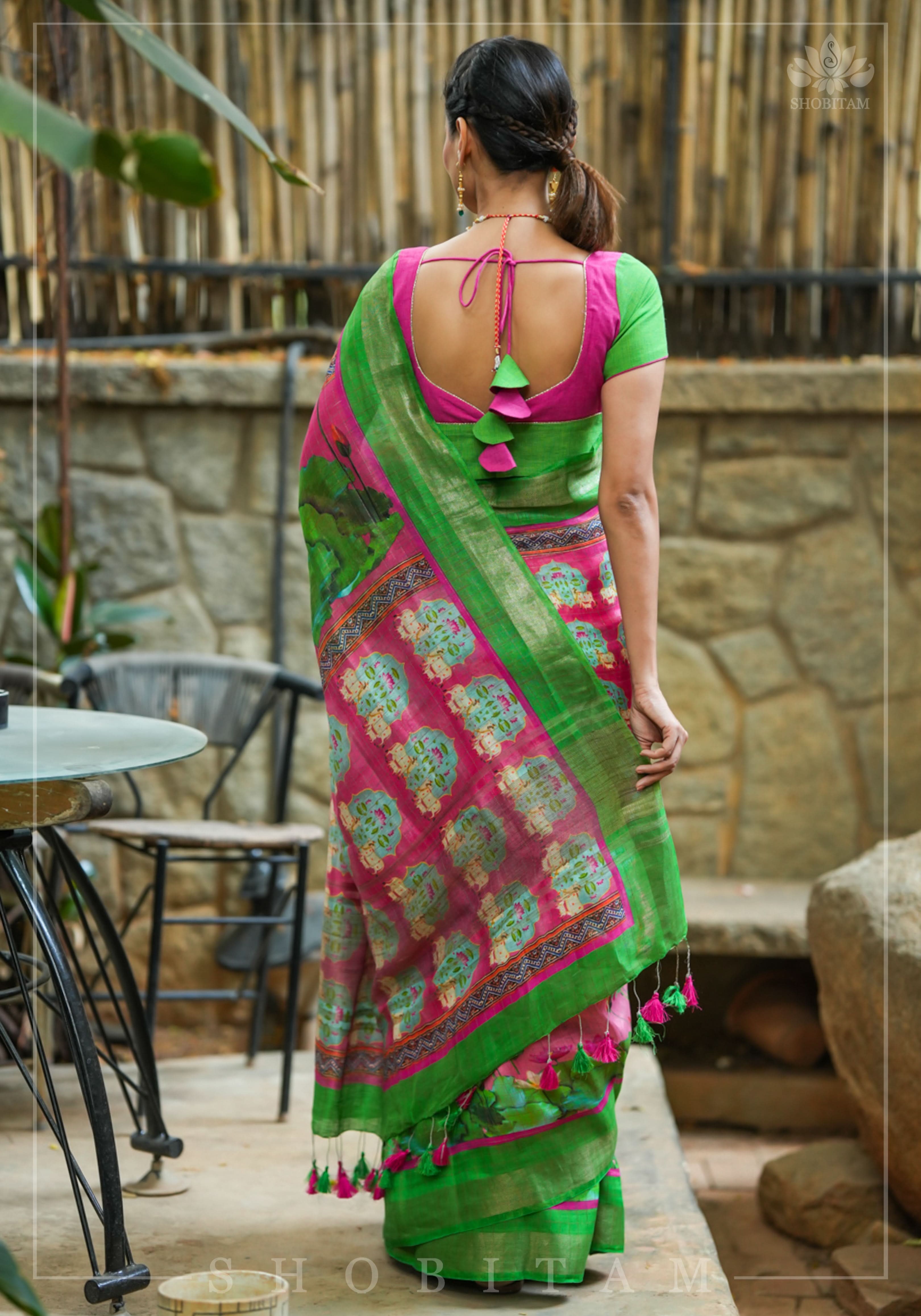 Silk Linen Saree with Pichwai Digital Print | Shobitam Saree