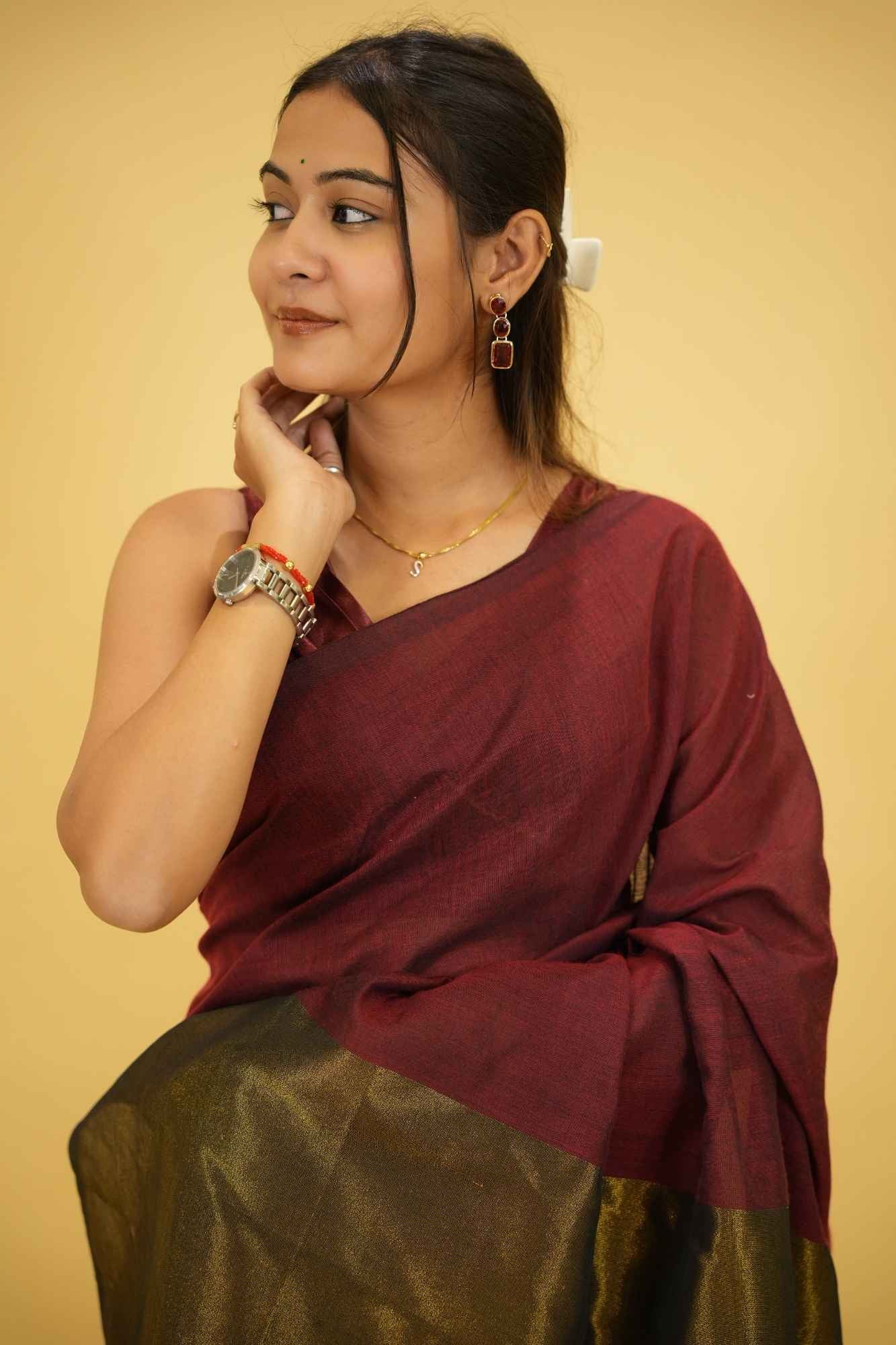 Maroon and Olive Khadi Cotton with Subtle Zari Sheen and Tassel Ready to Wear Saree