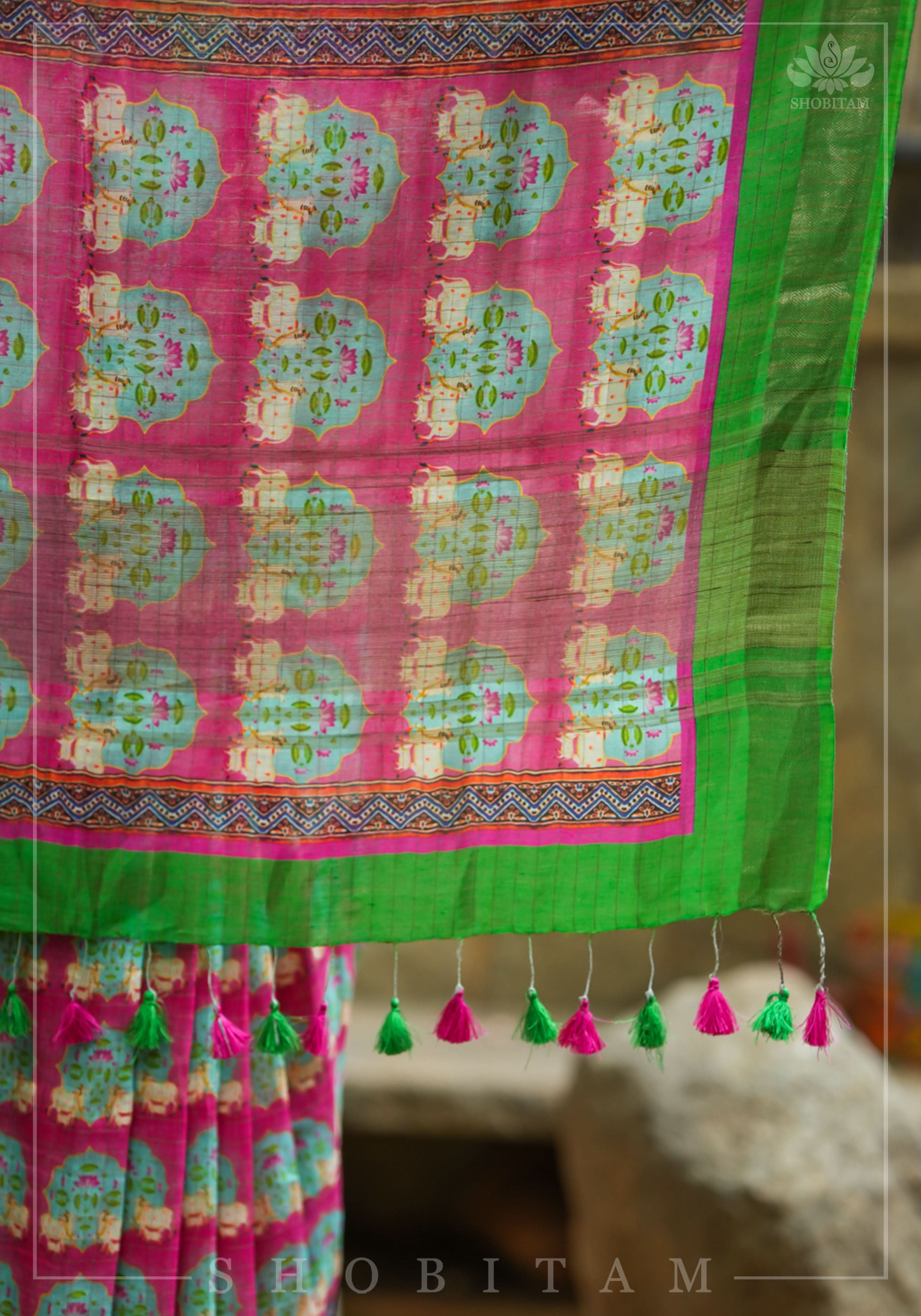 Silk Linen Saree with Pichwai Digital Print | Shobitam Saree