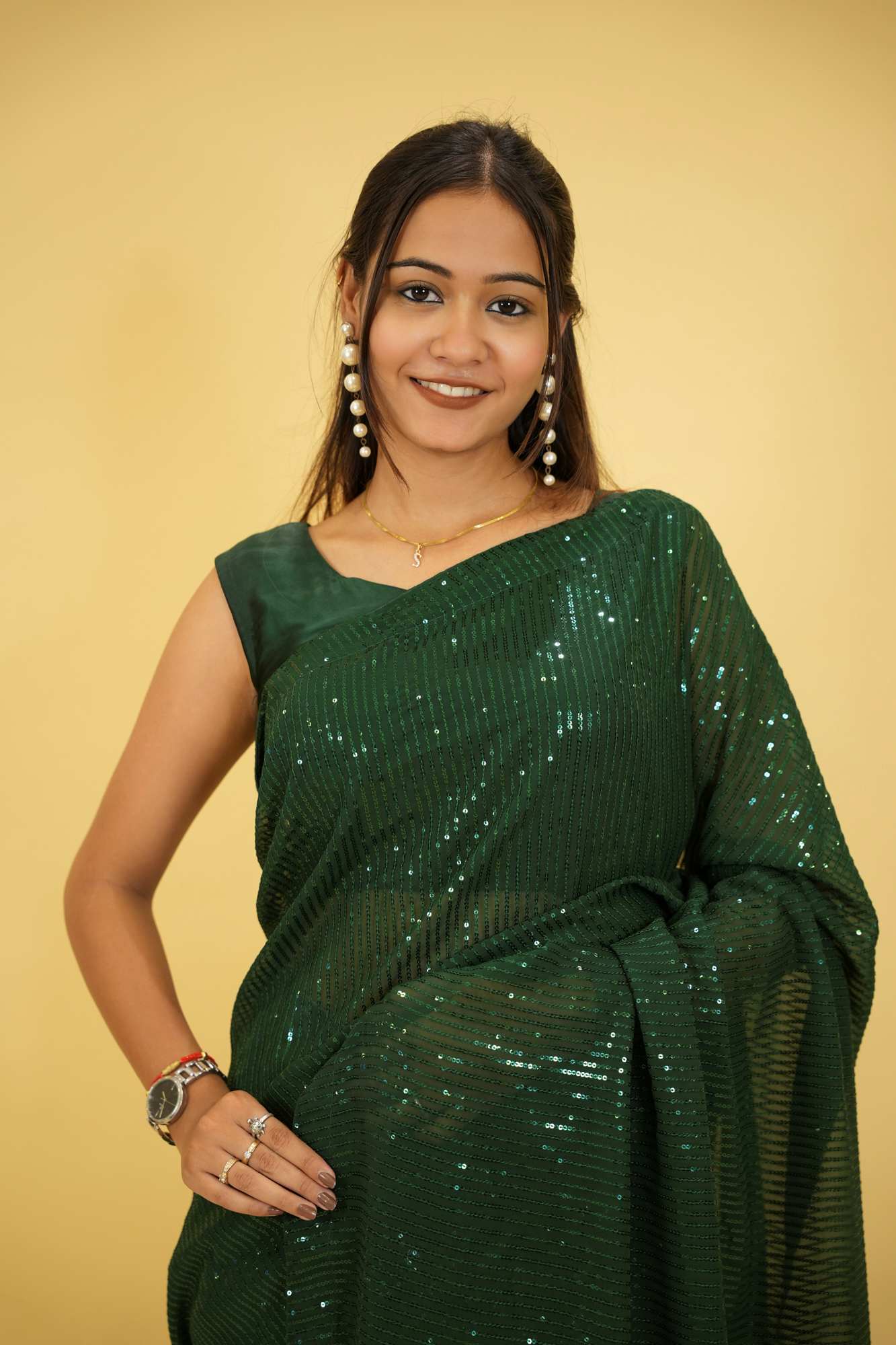 Dark Green Georgette with All-Over Sequin Embellishments Ready To Wear Saree