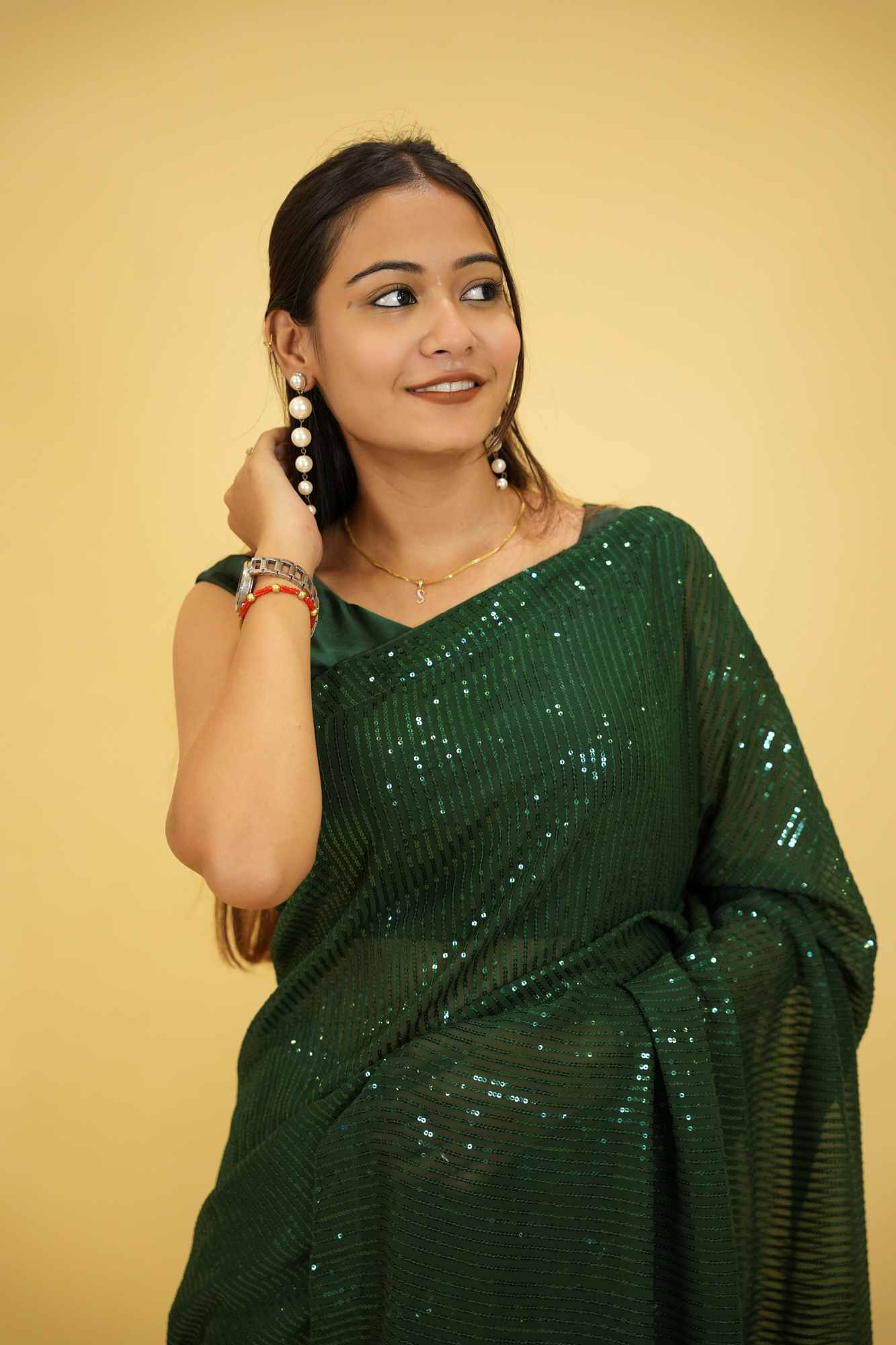 Dark Green Georgette with All-Over Sequin Embellishments Ready To Wear Saree