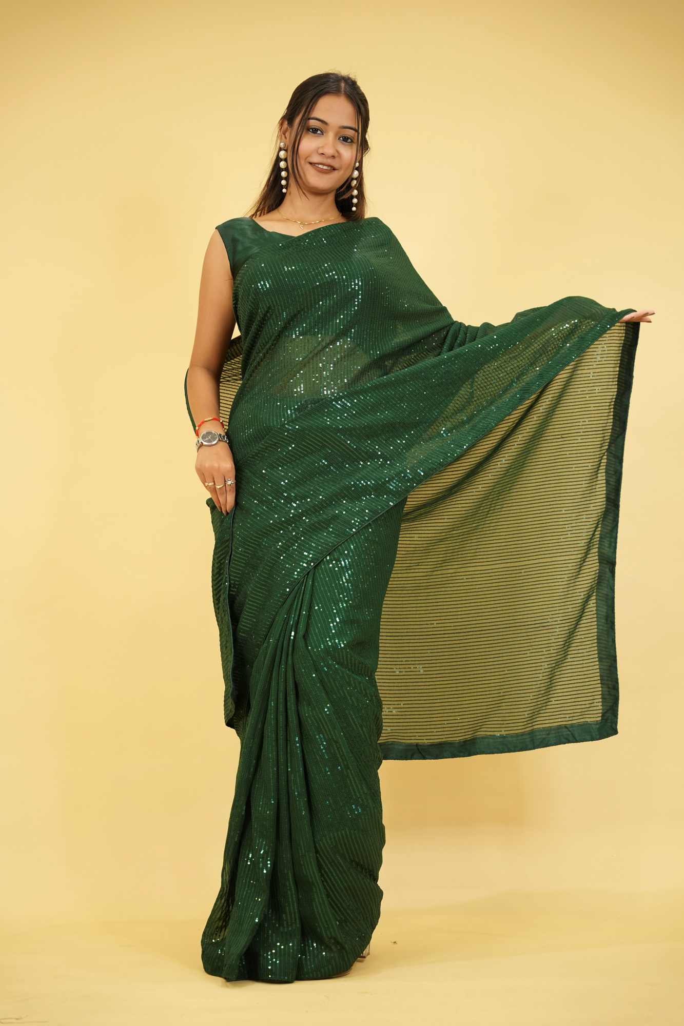 Dark Green Georgette with All-Over Sequin Embellishments Ready To Wear Saree