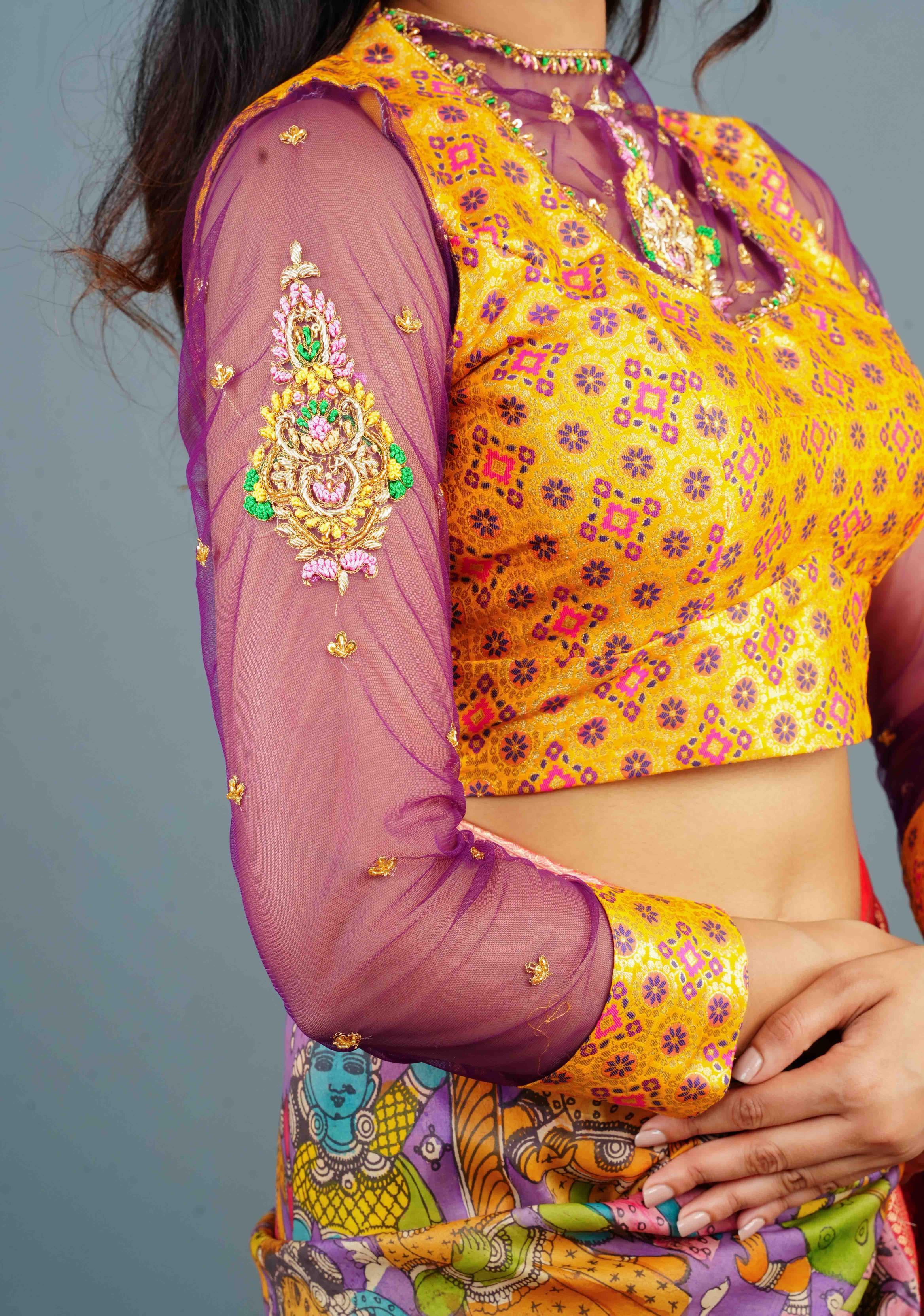 Kanthi Design Banarasi Pataola Brocade Blouse with Handwork and Net in sleeves and back, Made to Order | Shobitam